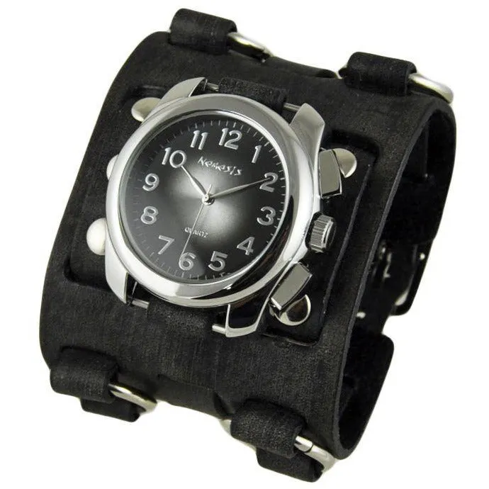 Gradient Black Watch with Distressed Black Leather Triple Strap Cuff FW091K