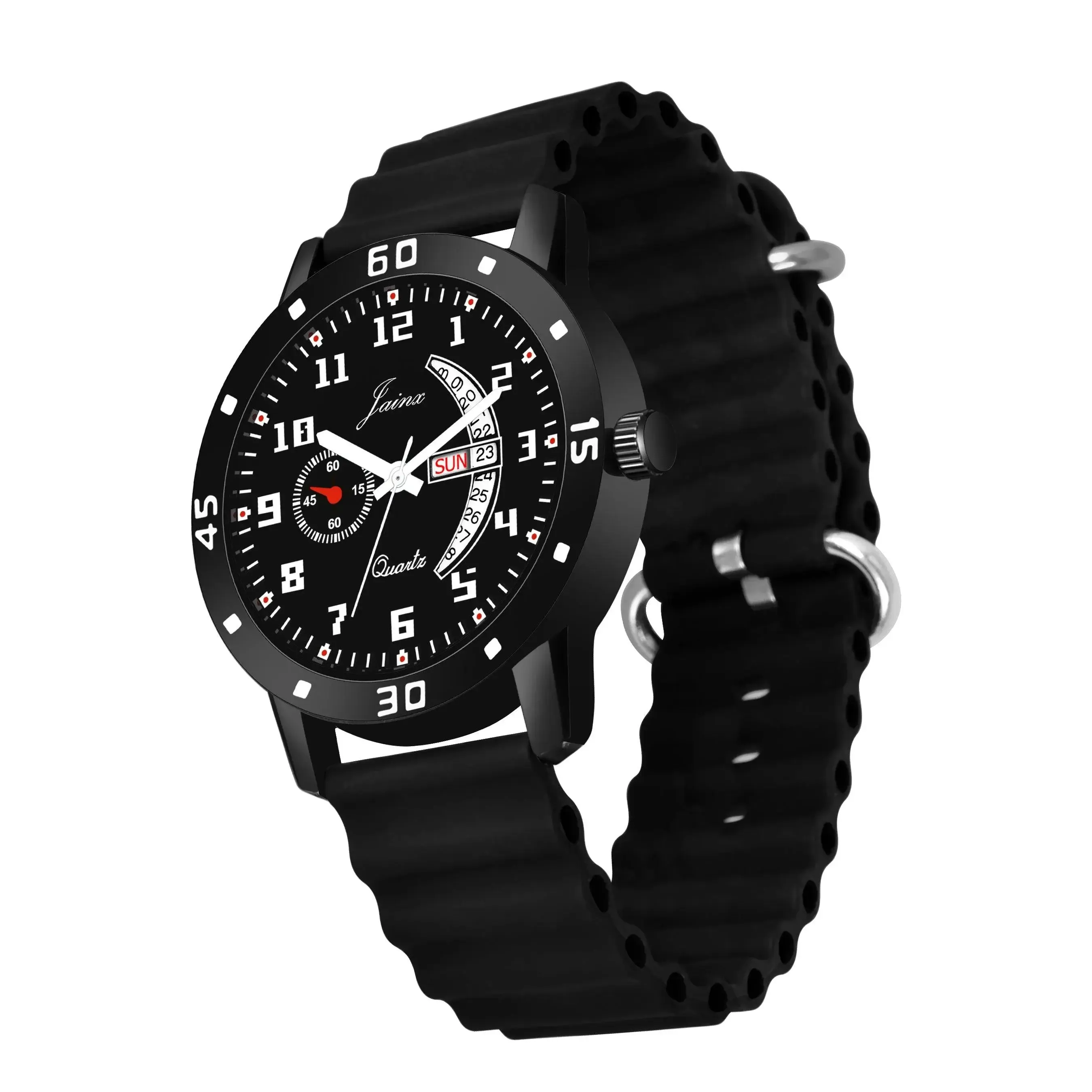 Jainx Black Day and Date Dial Silicone Band Analog Watch - For Men JM7173