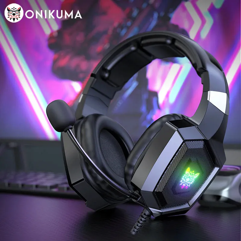 K8 Gaming Headphones with Flexible HD Mic RGB Light Surround Sound Over-Ear Wired Headset