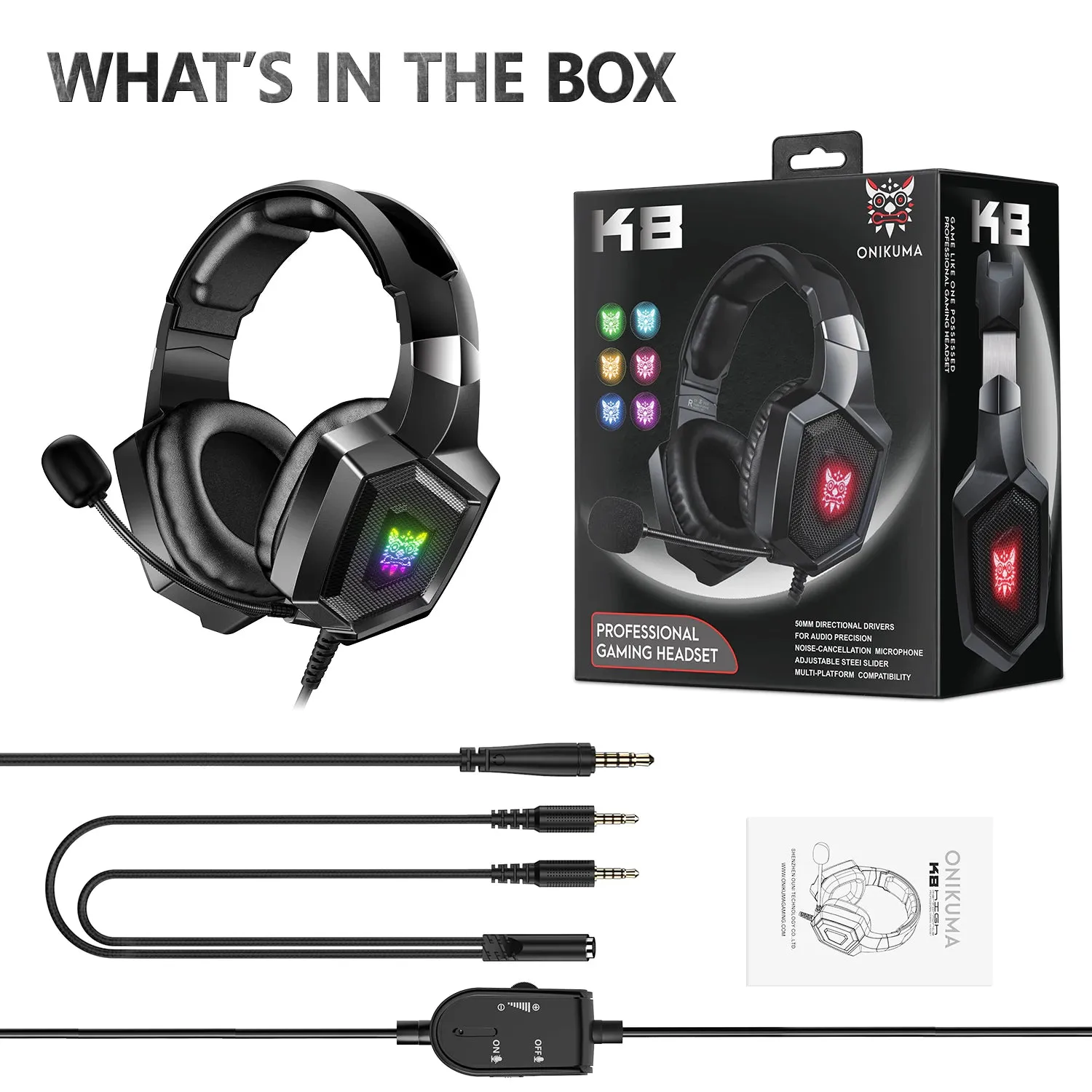 K8 Gaming Headphones with Flexible HD Mic RGB Light Surround Sound Over-Ear Wired Headset