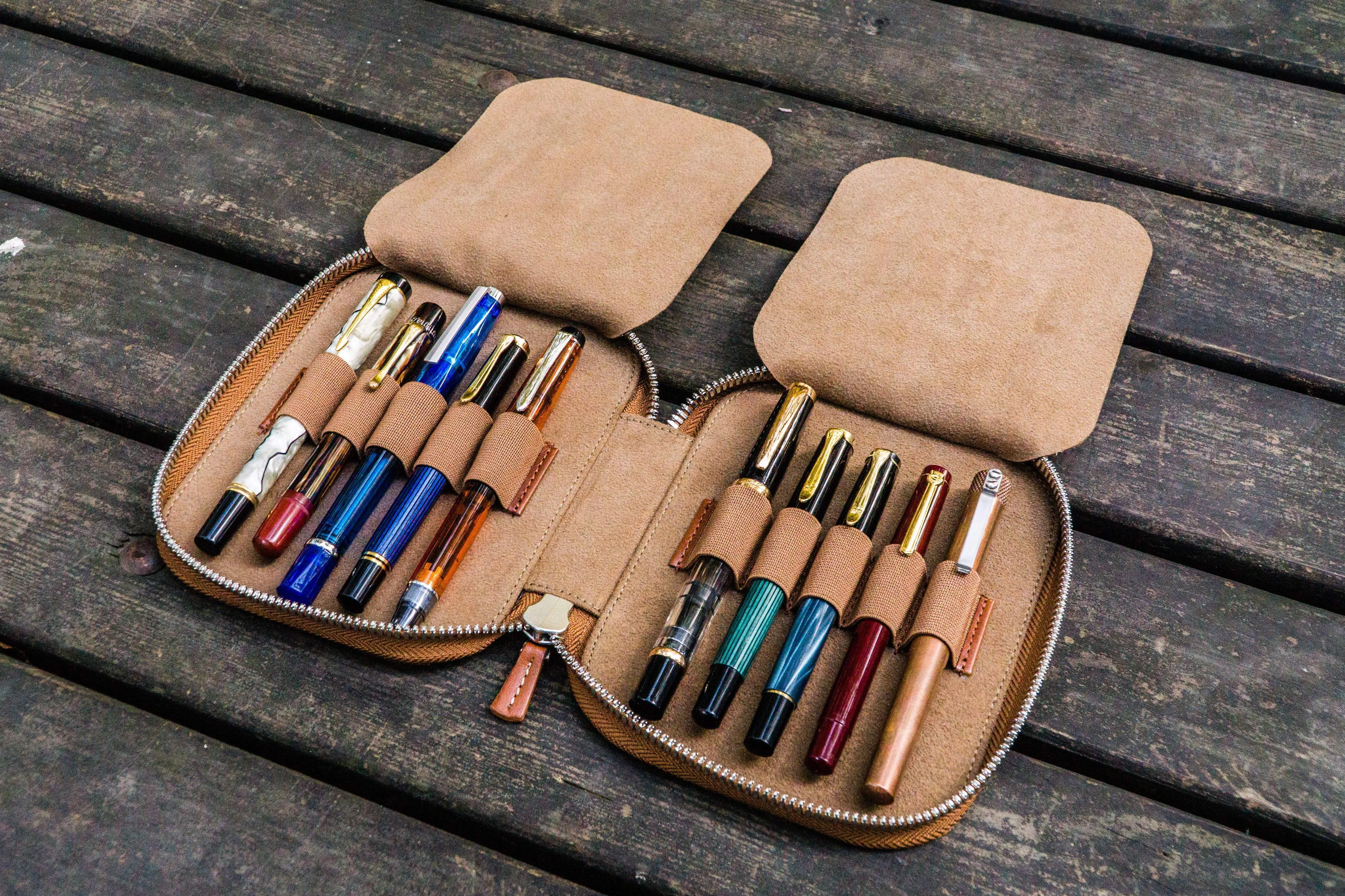 Leather Zippered 10 Slots Pen Case - Brown