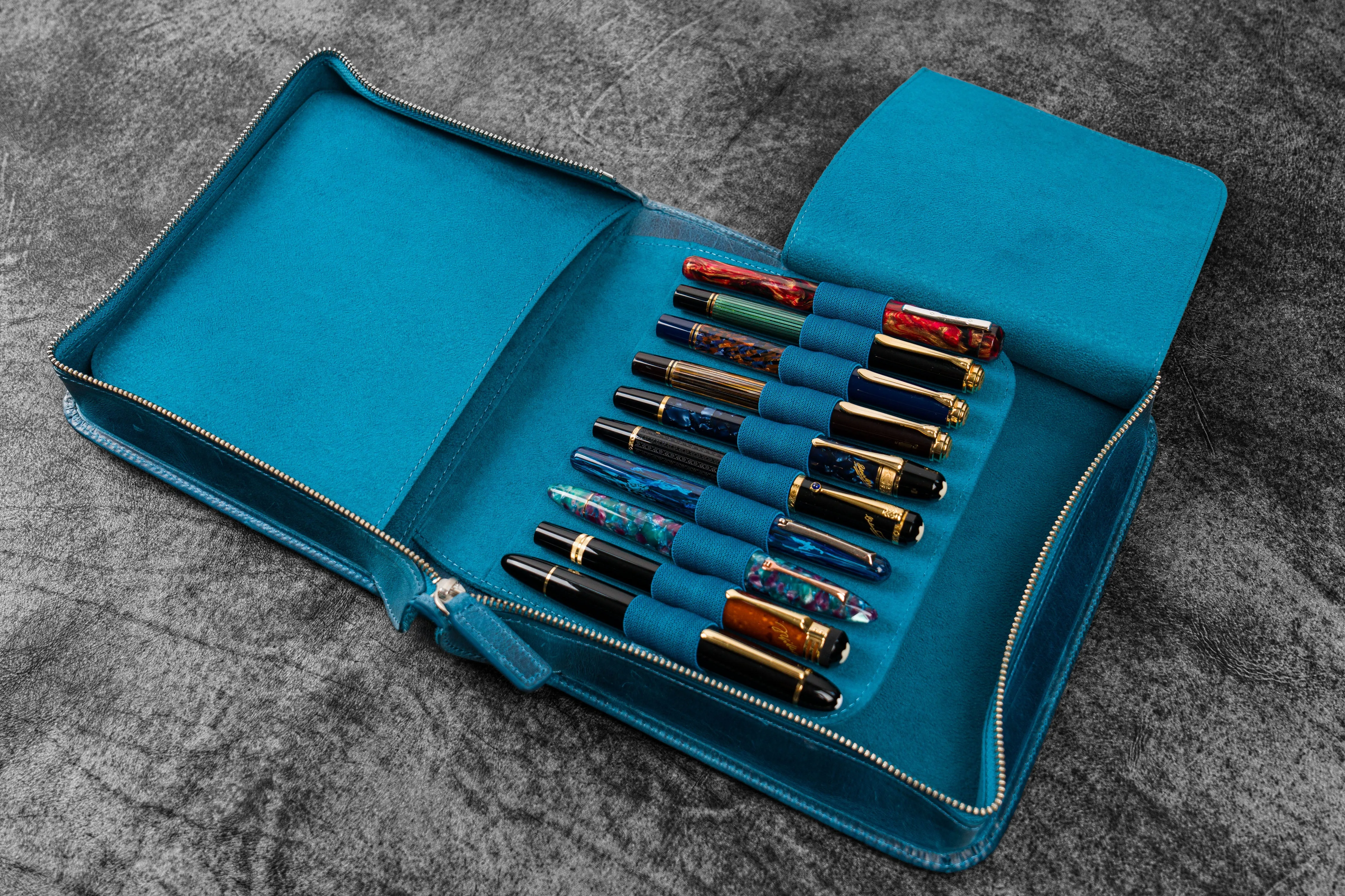 Leather Zippered 40 Slots Pen Case - C.H. Ocean Blue