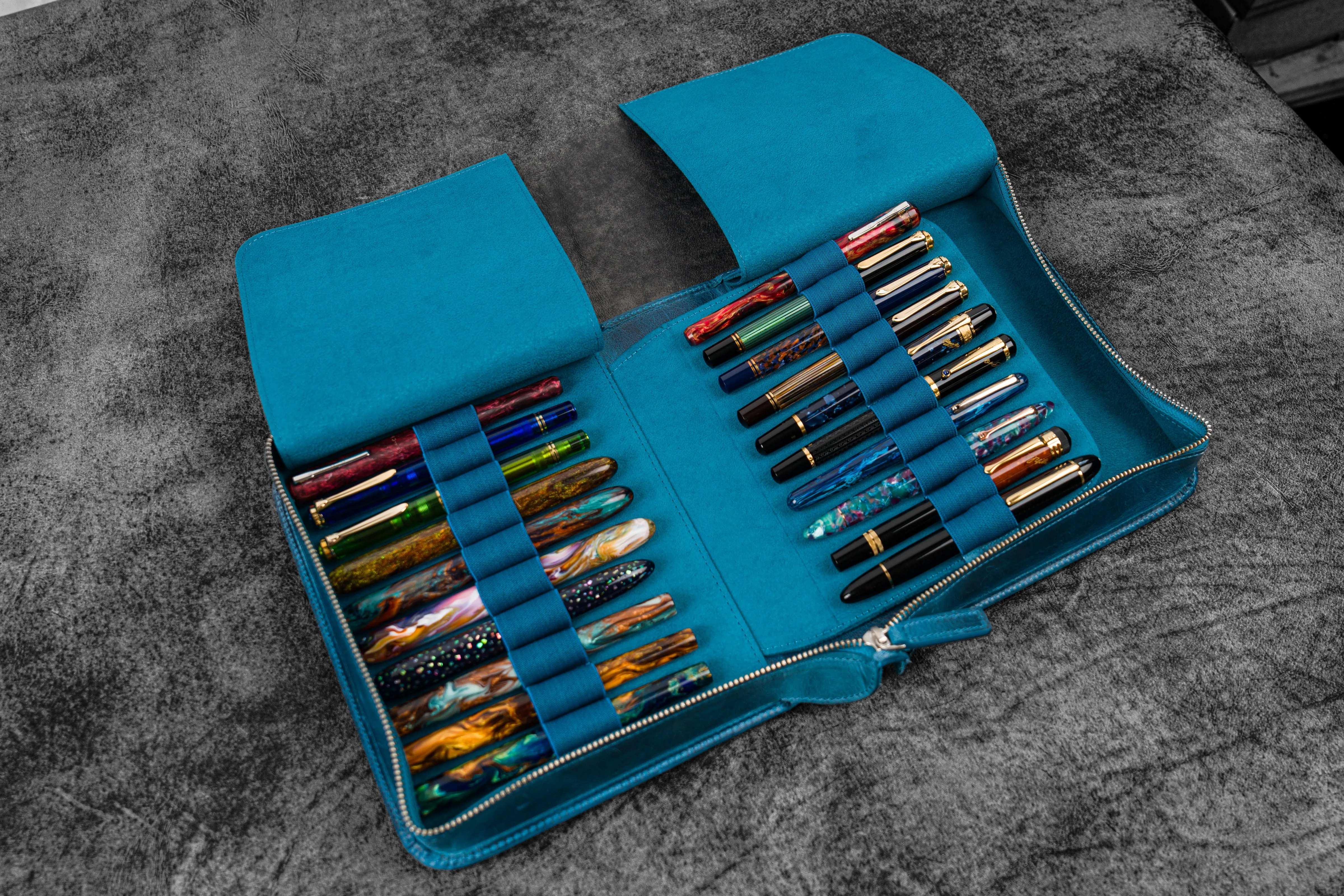 Leather Zippered 40 Slots Pen Case - C.H. Ocean Blue