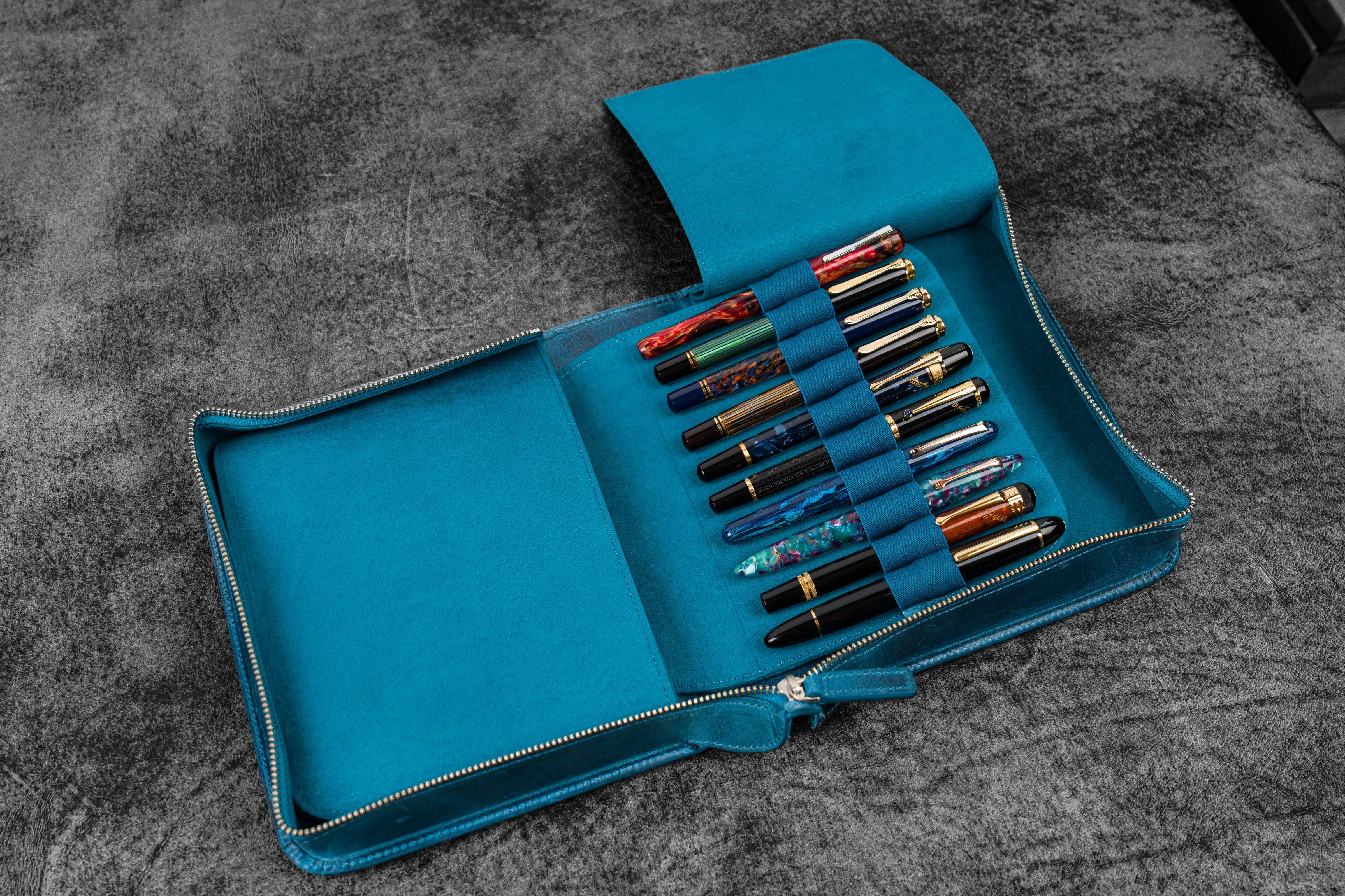 Leather Zippered 40 Slots Pen Case - C.H. Ocean Blue