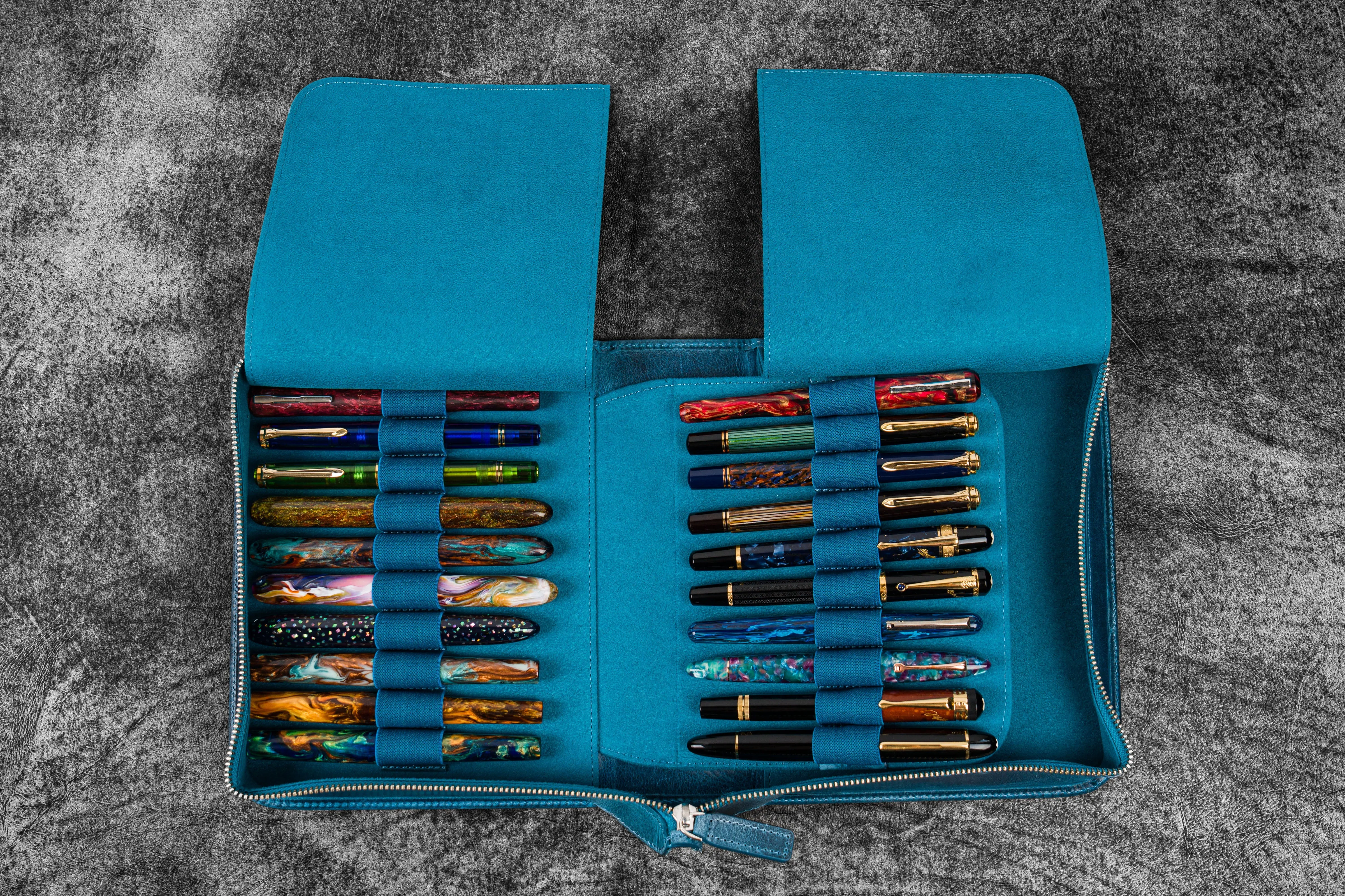 Leather Zippered 40 Slots Pen Case - C.H. Ocean Blue