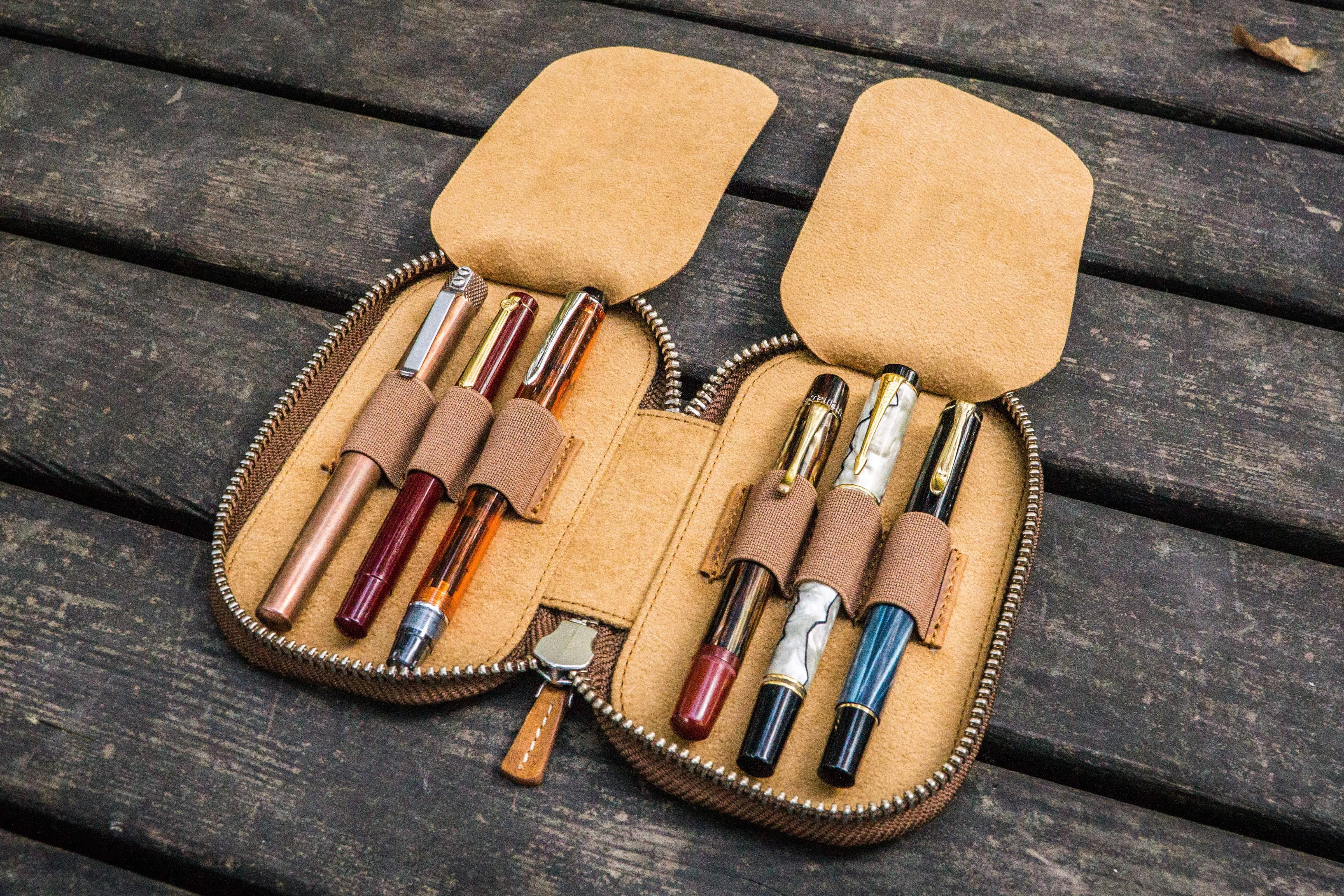 Leather Zippered 6 Slots Pen Case - Crazy Horse Brown