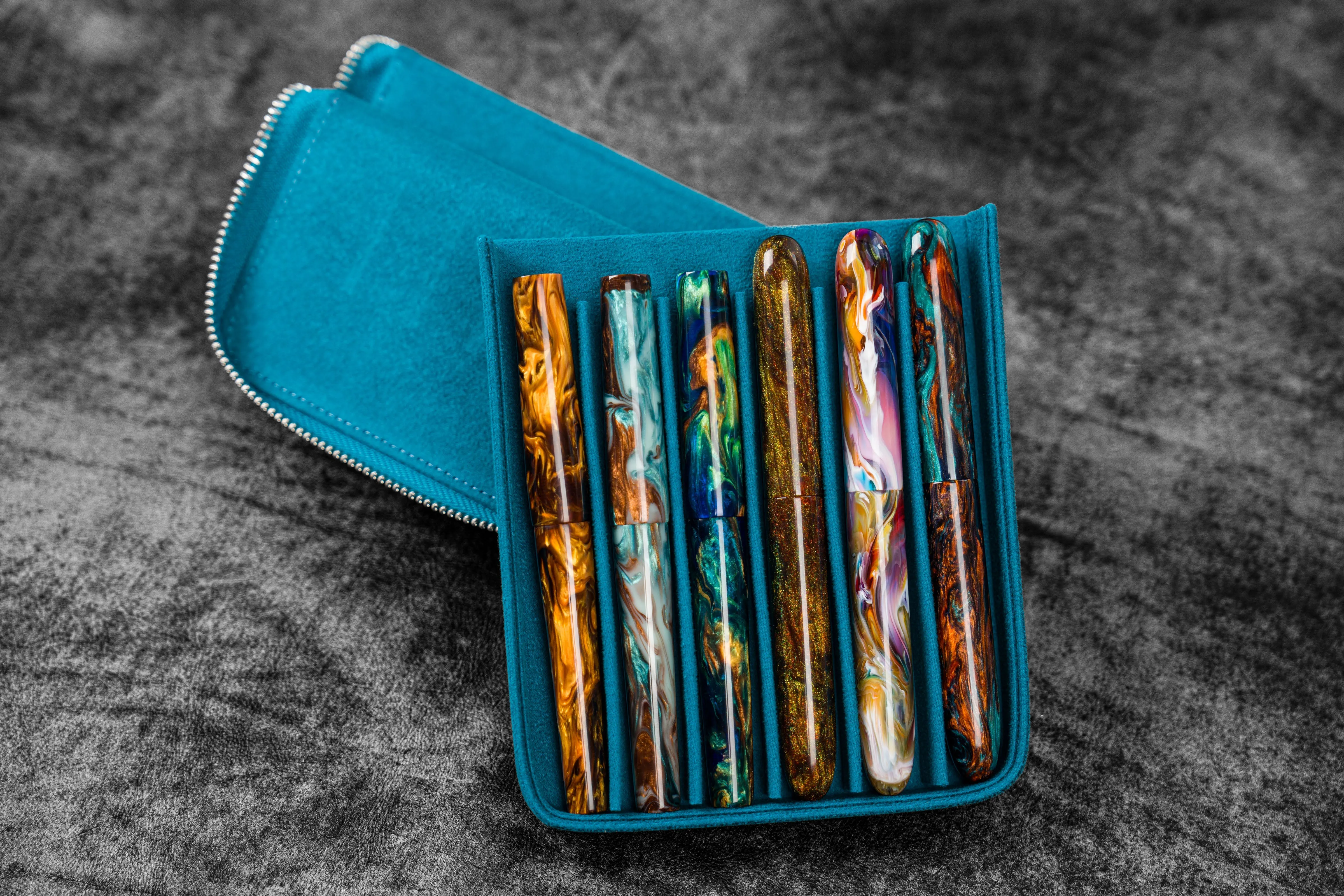 Leather Zippered Magnum Opus 6 Slots Hard Pen Case with Removable Pen Tray - C. H. Ocean Blue