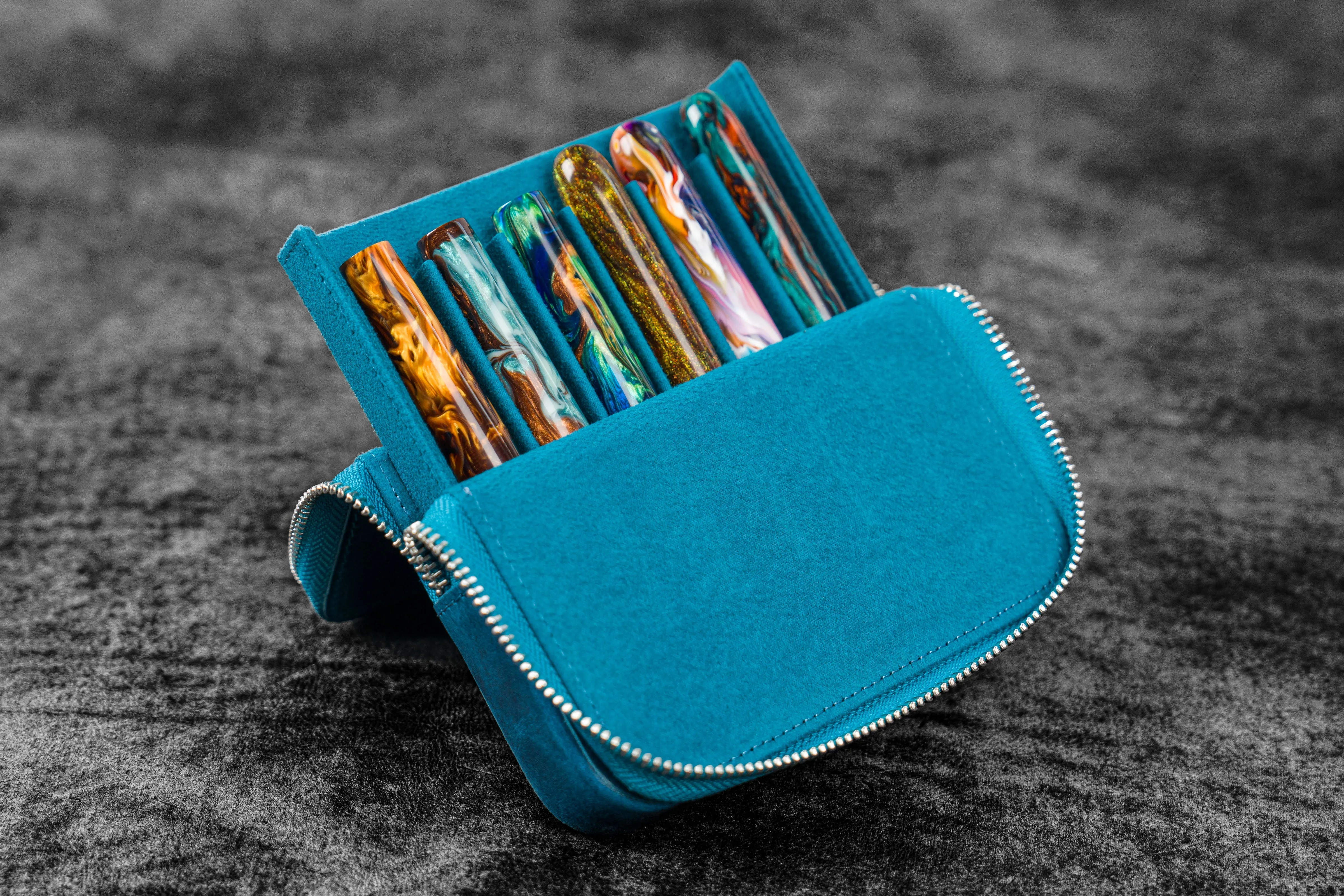 Leather Zippered Magnum Opus 6 Slots Hard Pen Case with Removable Pen Tray - C. H. Ocean Blue