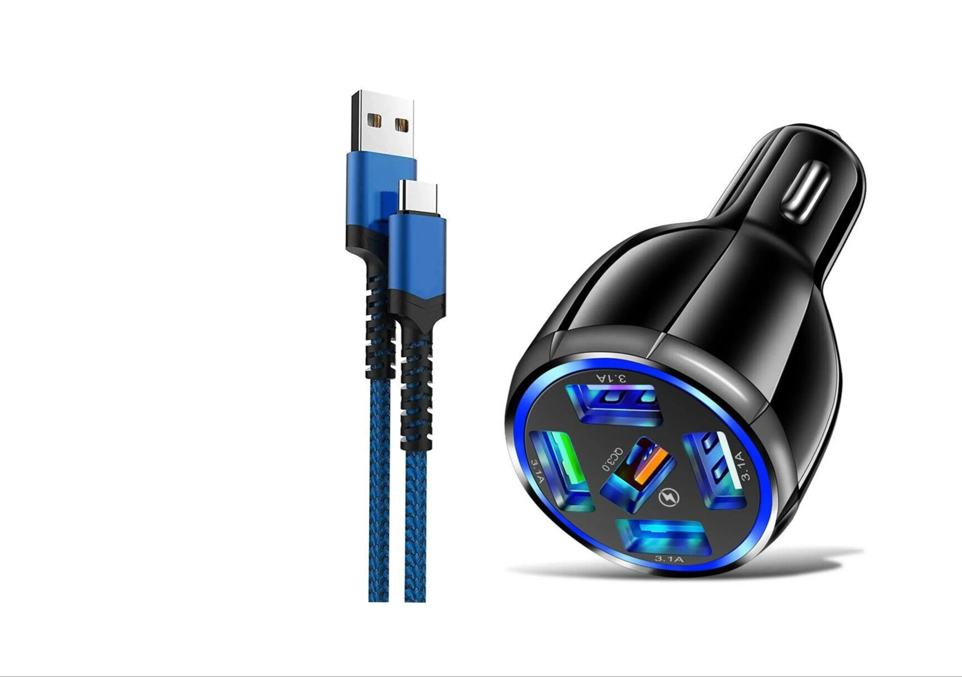 LED Fast Car Charger with USB C Android Cable Combo