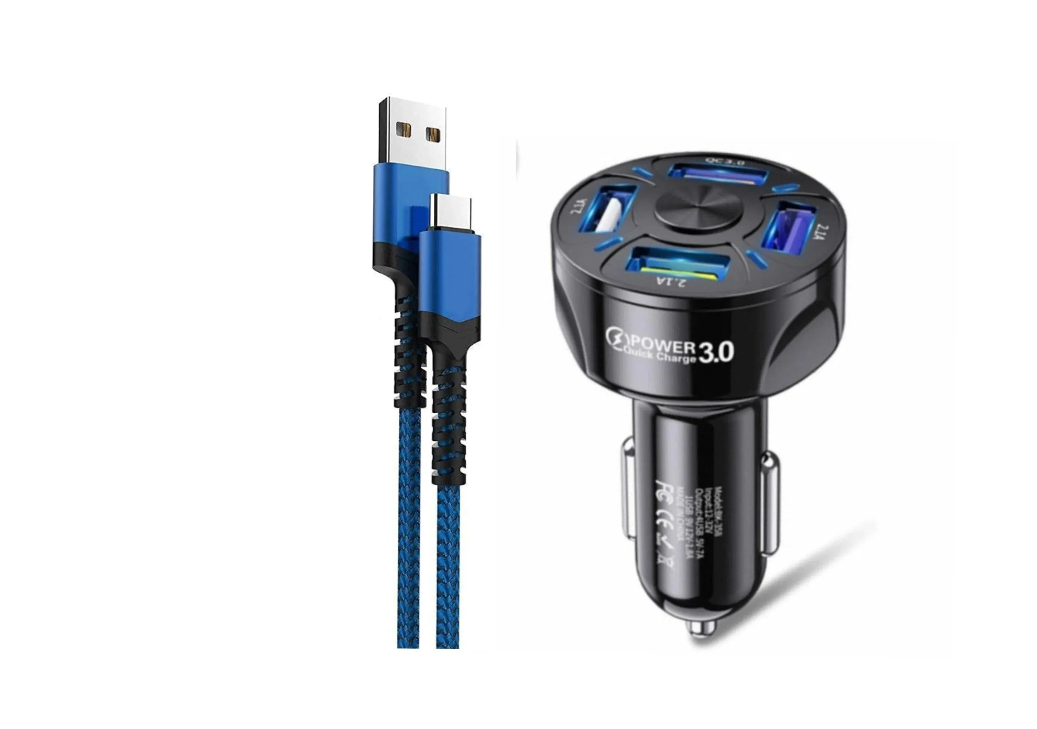 LED Fast Car Charger with USB C Android Cable Combo