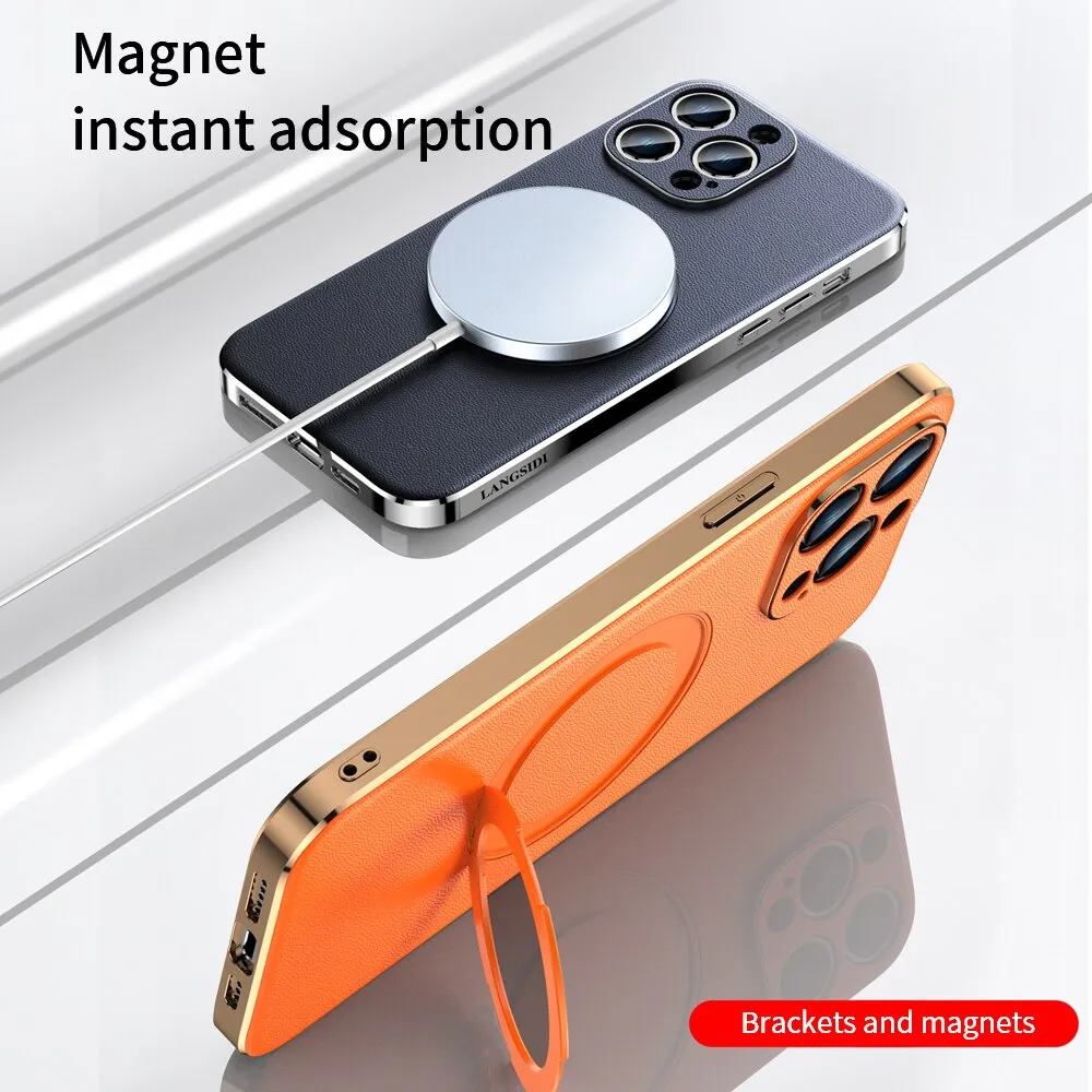 Magnetic Magsafe Leather Phone Case With Ring Holder For iPhone