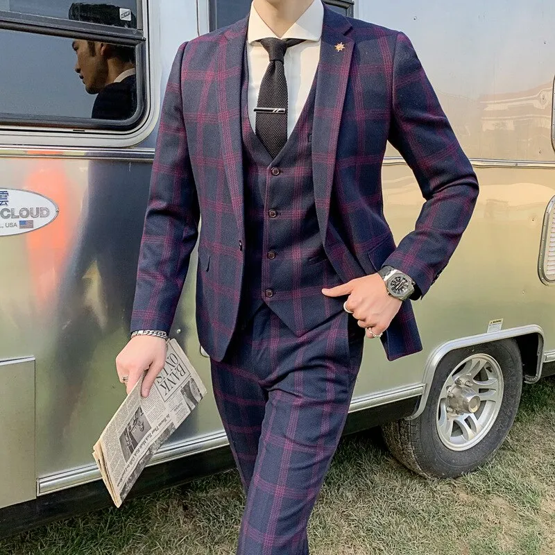 Men's Suit Groom's Wedding Dress Men's Business Korean Version Slim Fitting Plaid Casual Suit Three Piece Suit