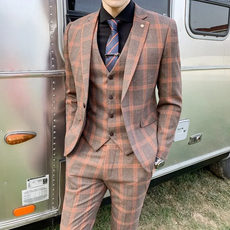 Men's Suit Groom's Wedding Dress Men's Business Korean Version Slim Fitting Plaid Casual Suit Three Piece Suit