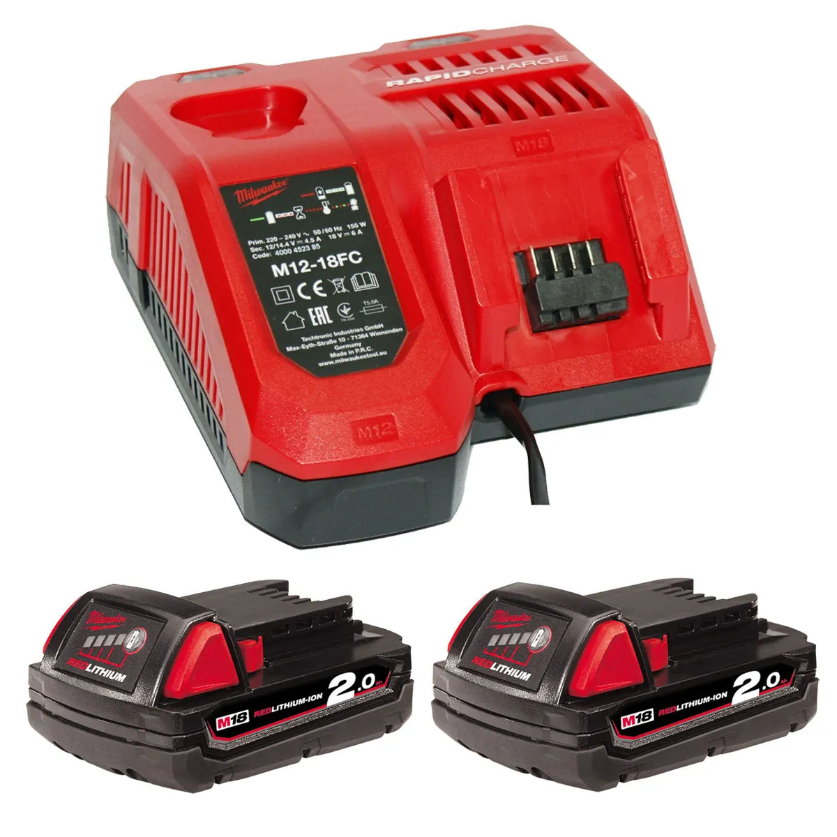 Milwaukee M12-18FC 12-18V Multi Voltage Fast Charger with 2 x 2.0Ah Battery