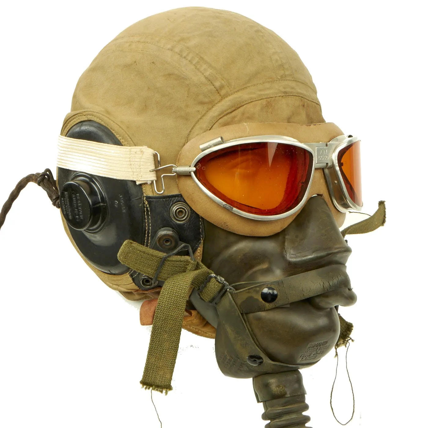 Original U.S. WWII Army Air Forces Aviator Flight Helmet Set - AN6530 Goggles, A-14 Mask, AN-H-15 Helmet with Headphones