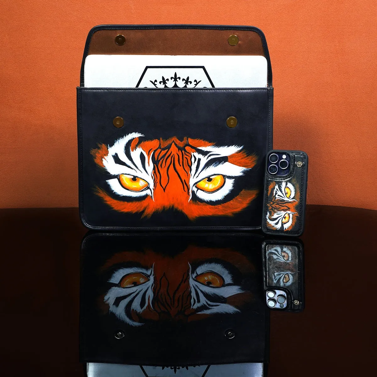 Personalized Combo of Laptop Sleeves & Mobile Cover with Hand-Painted Tiger Eyes