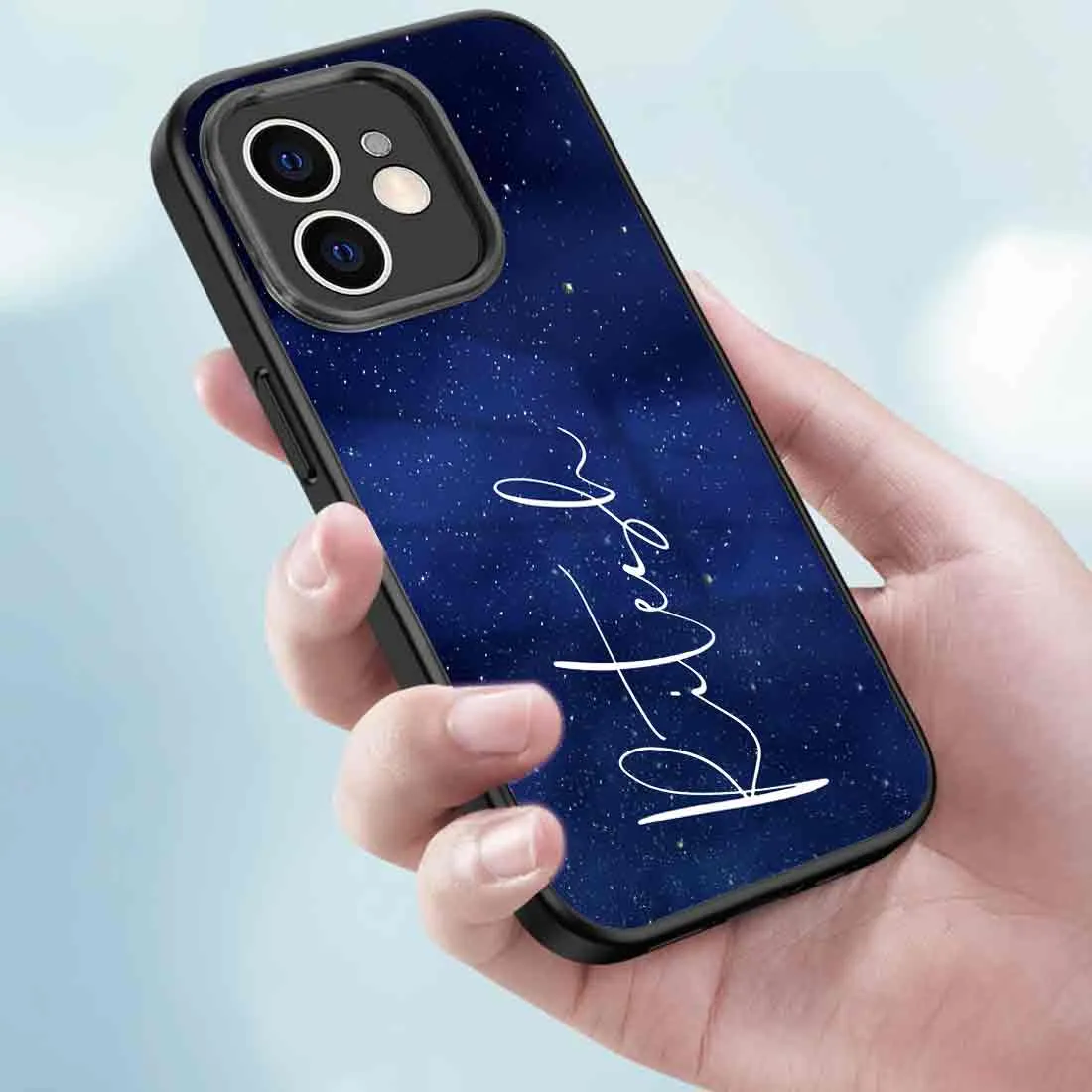 Personalized IPhone 12 Case Navy Blue Mobile Cover With Calligraphy Name - Stars