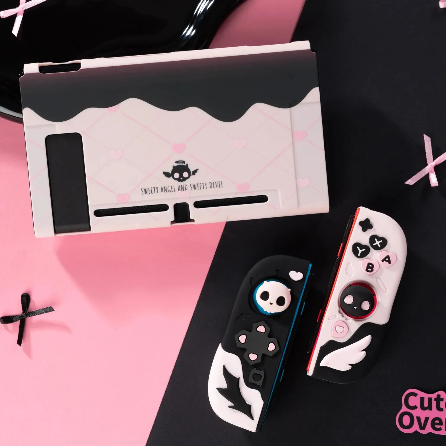 Pink Skull Silicone Protective Case and JoyCon Cover for NS / OLED