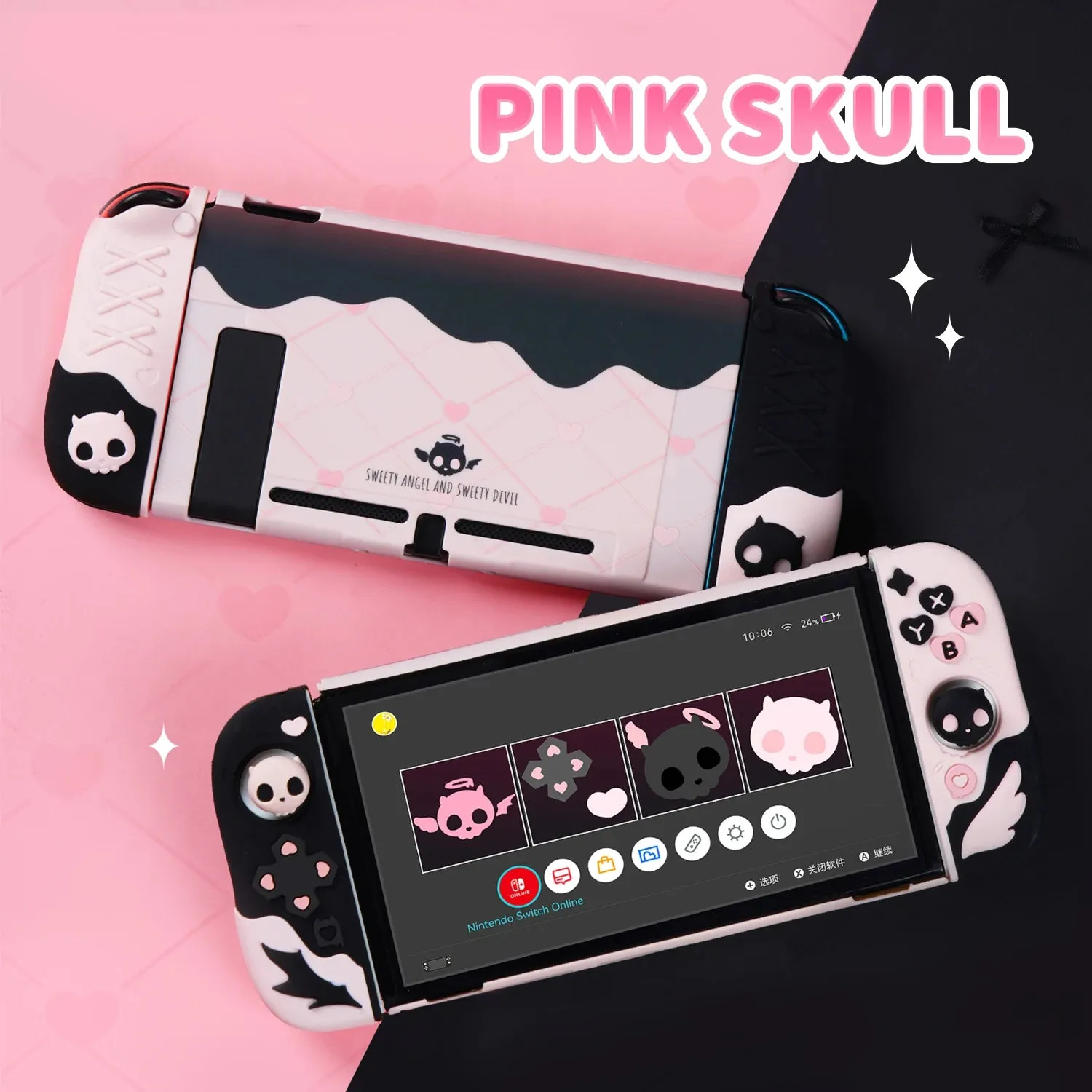 Pink Skull Silicone Protective Case and JoyCon Cover for NS / OLED