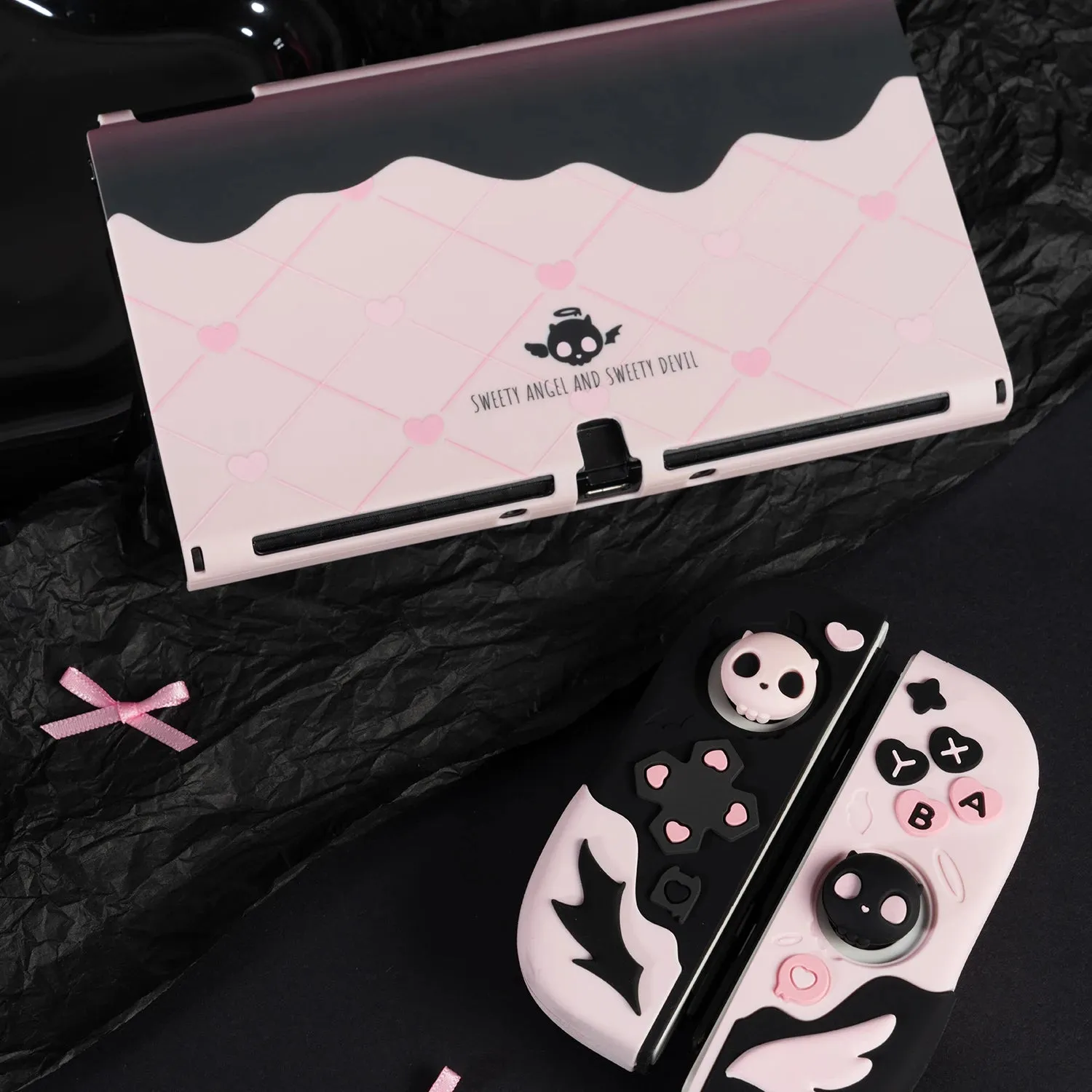 Pink Skull Silicone Protective Case and JoyCon Cover for NS / OLED