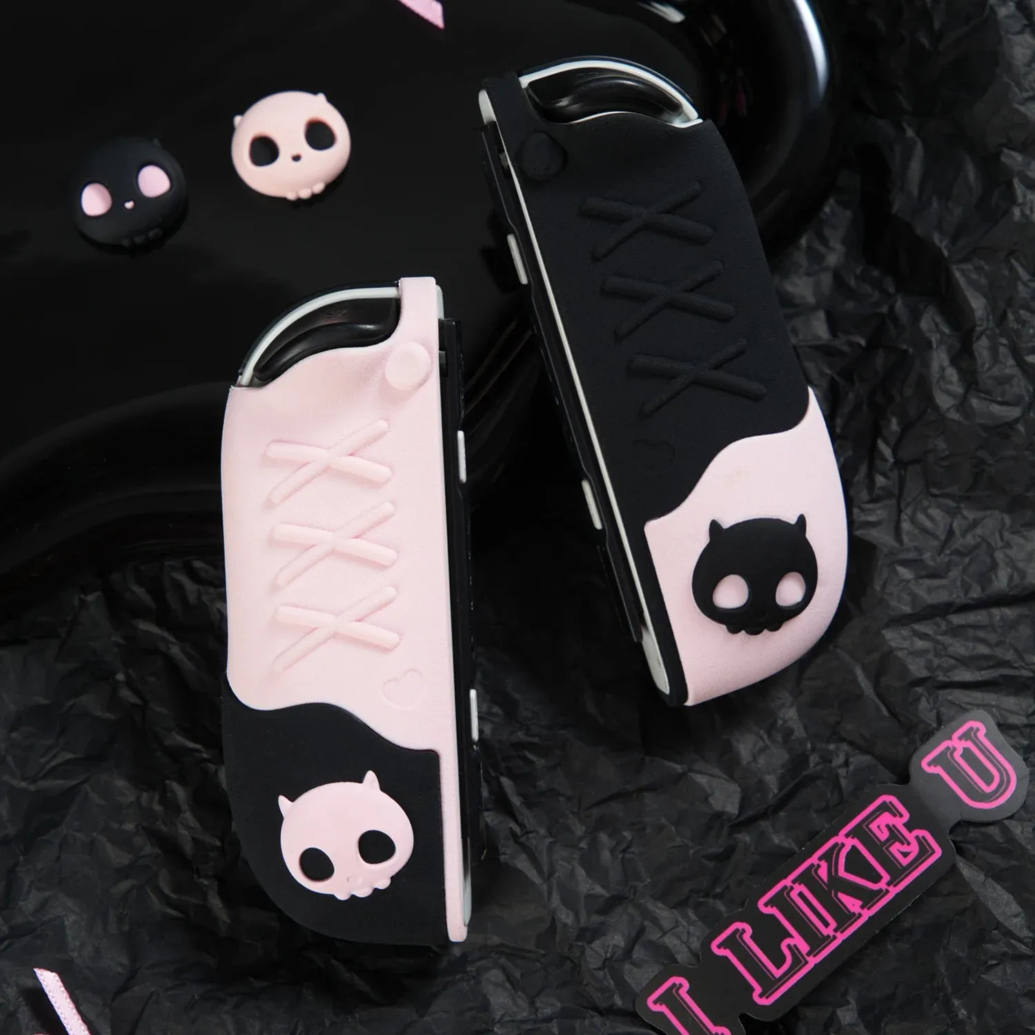 Pink Skull Silicone Protective Case and JoyCon Cover for NS / OLED