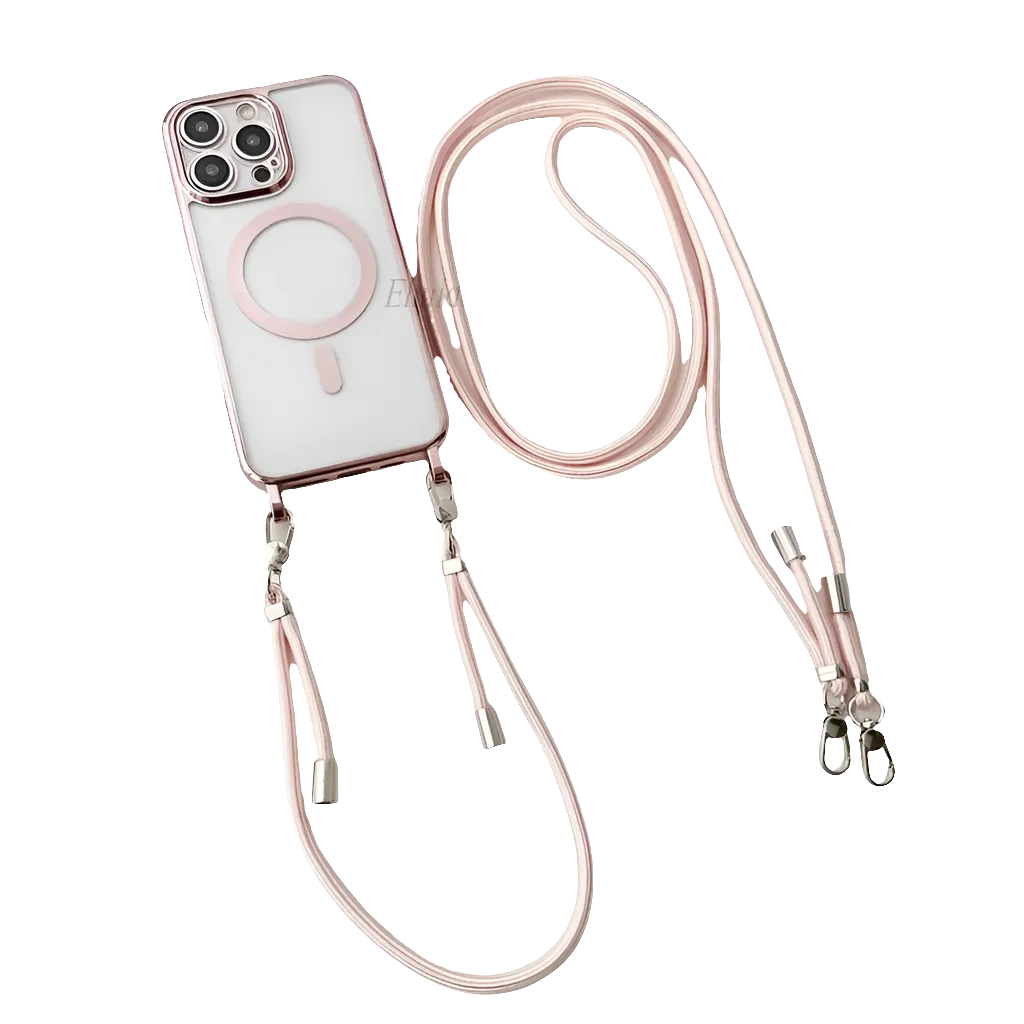 Plating Magnetic Strap Case for iPhone 11, 12, 13, 14, 15, 16 Pro Max Plus - Crossbody Lanyard, Clear Cover, Shockproof, Anti-Scratch