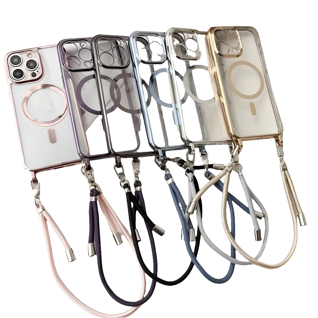 Plating Magnetic Strap Case for iPhone 11, 12, 13, 14, 15, 16 Pro Max Plus - Crossbody Lanyard, Clear Cover, Shockproof, Anti-Scratch