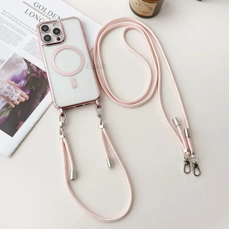 Plating Magnetic Strap Case for iPhone 11, 12, 13, 14, 15, 16 Pro Max Plus - Crossbody Lanyard, Clear Cover, Shockproof, Anti-Scratch