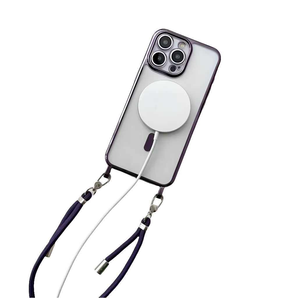 Plating Magnetic Strap Case for iPhone 11, 12, 13, 14, 15, 16 Pro Max Plus - Crossbody Lanyard, Clear Cover, Shockproof, Anti-Scratch