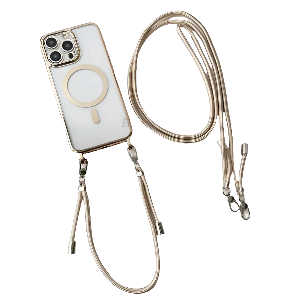 Plating Magnetic Strap Case for iPhone 11, 12, 13, 14, 15, 16 Pro Max Plus - Crossbody Lanyard, Clear Cover, Shockproof, Anti-Scratch