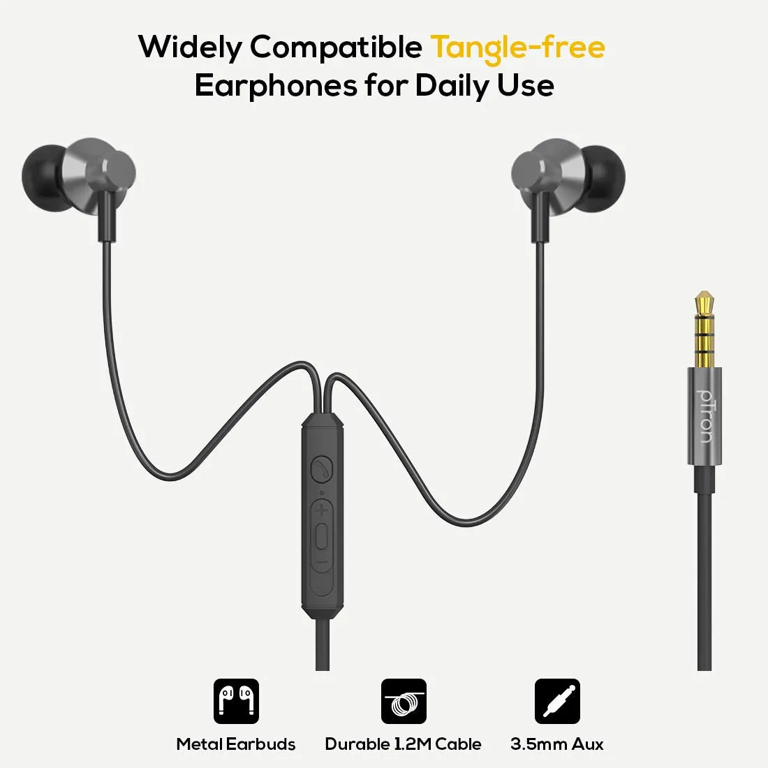 pTron Pride Lite HBE (High Bass Earphones) in Ear Wired Earphones with Mic, 10mm Powerful Driver for Stereo Audio, Noise Cancelling Headset with 1.2m Tangle-Free Cable & 3.5mm Aux (Grey)