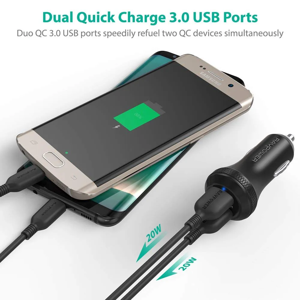 RAVPower 40W 3A Dual QC 3.0 USB Port Car Charger