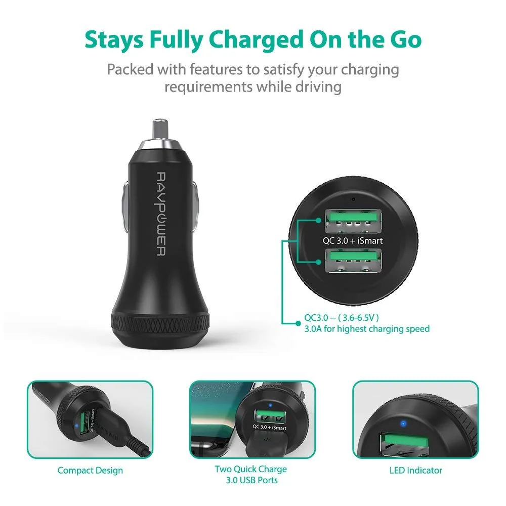 RAVPower 40W 3A Dual QC 3.0 USB Port Car Charger