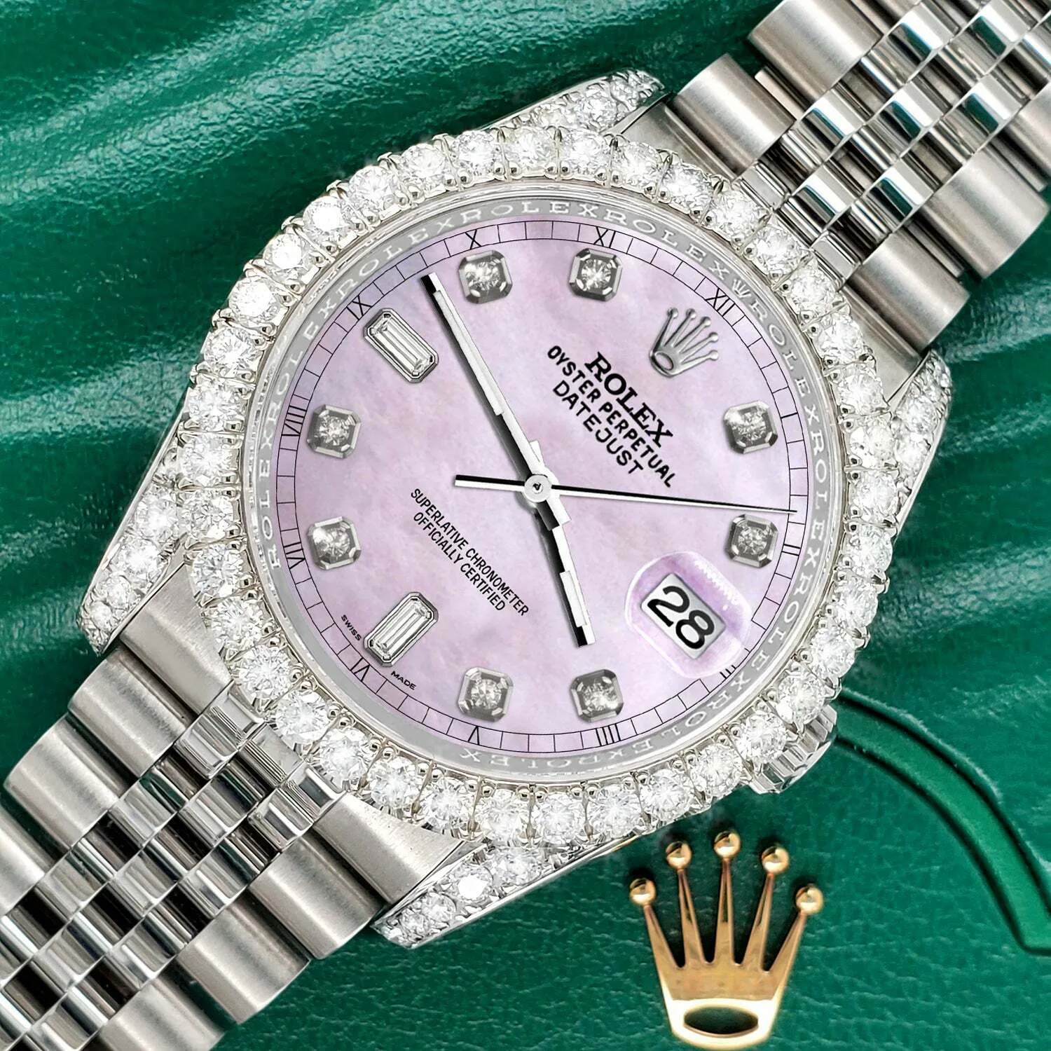 Rolex Datejust 36mm 4CT Diamond Bezel/Lugs/Pink Pearl 6 9 Baguette Dial  TFJ-142508635