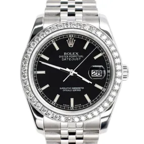 Rolex Datejust 36MM Black Stick Dial Watch with 2CT Custom Diamond Bezel   TFJ-142507974