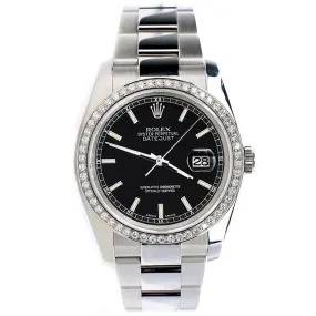 Rolex Datejust 36MM Black Stick Dial Watch with Custom Diamond Bezel   TFJ-142507988