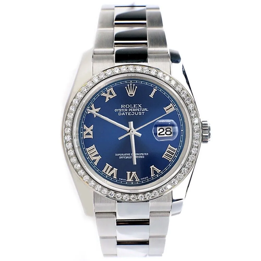 Rolex Datejust 36MM Blue Roman Dial Steel Watch with Custom Diamond Bezel   TFJ-142507986