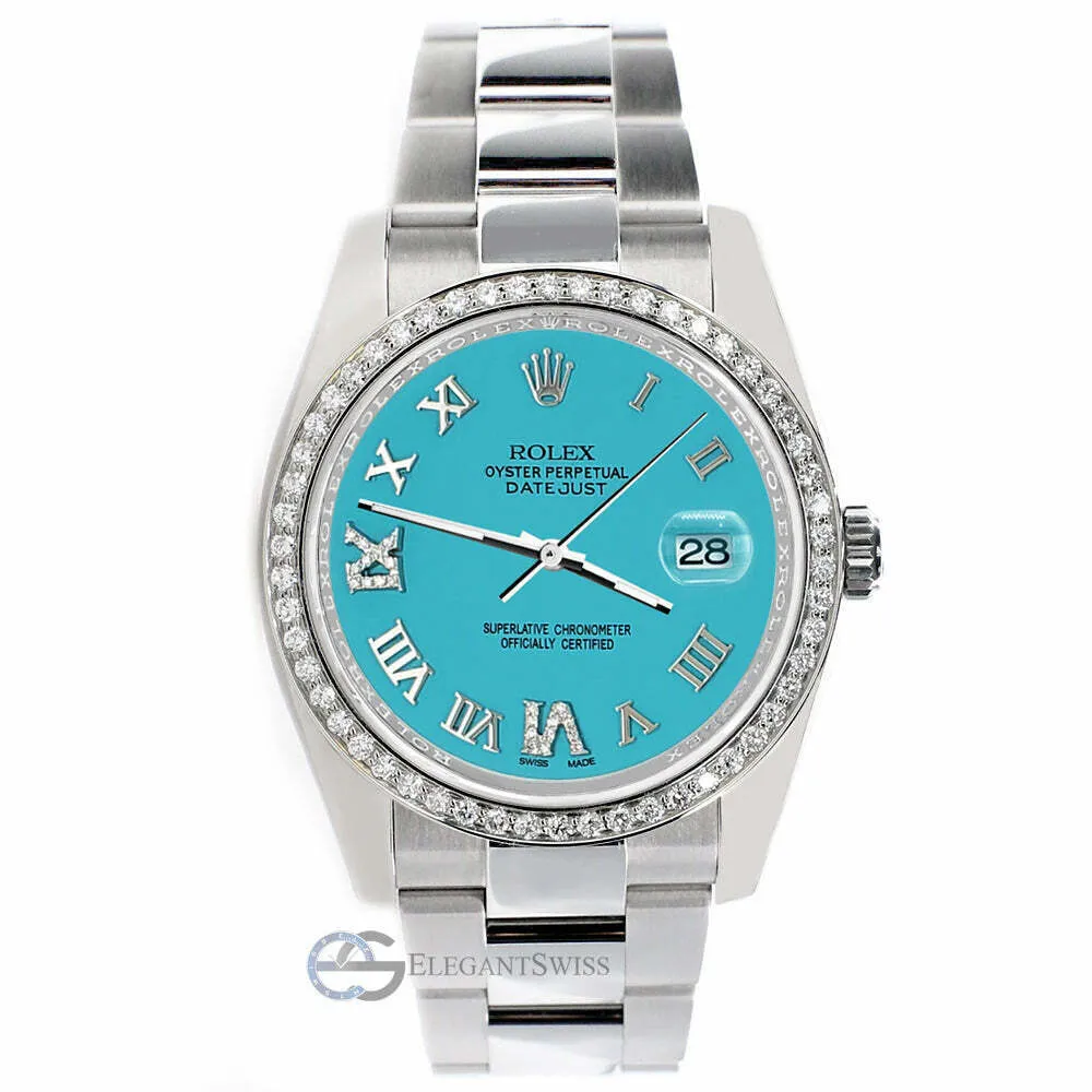 Rolex Datejust 36mm Custom Diamond Bezel/Turquoise Roman Dial Oyster TFJ-142508721