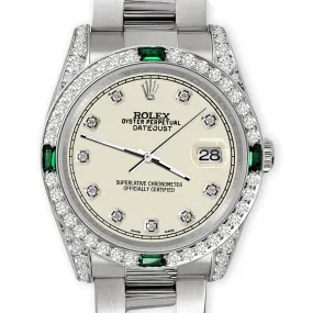 Rolex Datejust 36mm Steel Watch Diamonds &amp; Emeralds Bezel/Lugs/Satin Linen TFJ-142508496