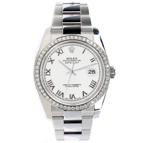 Rolex Datejust 36MM White Roman Dial Watch with Custom Diamond Bezel   TFJ-142507981