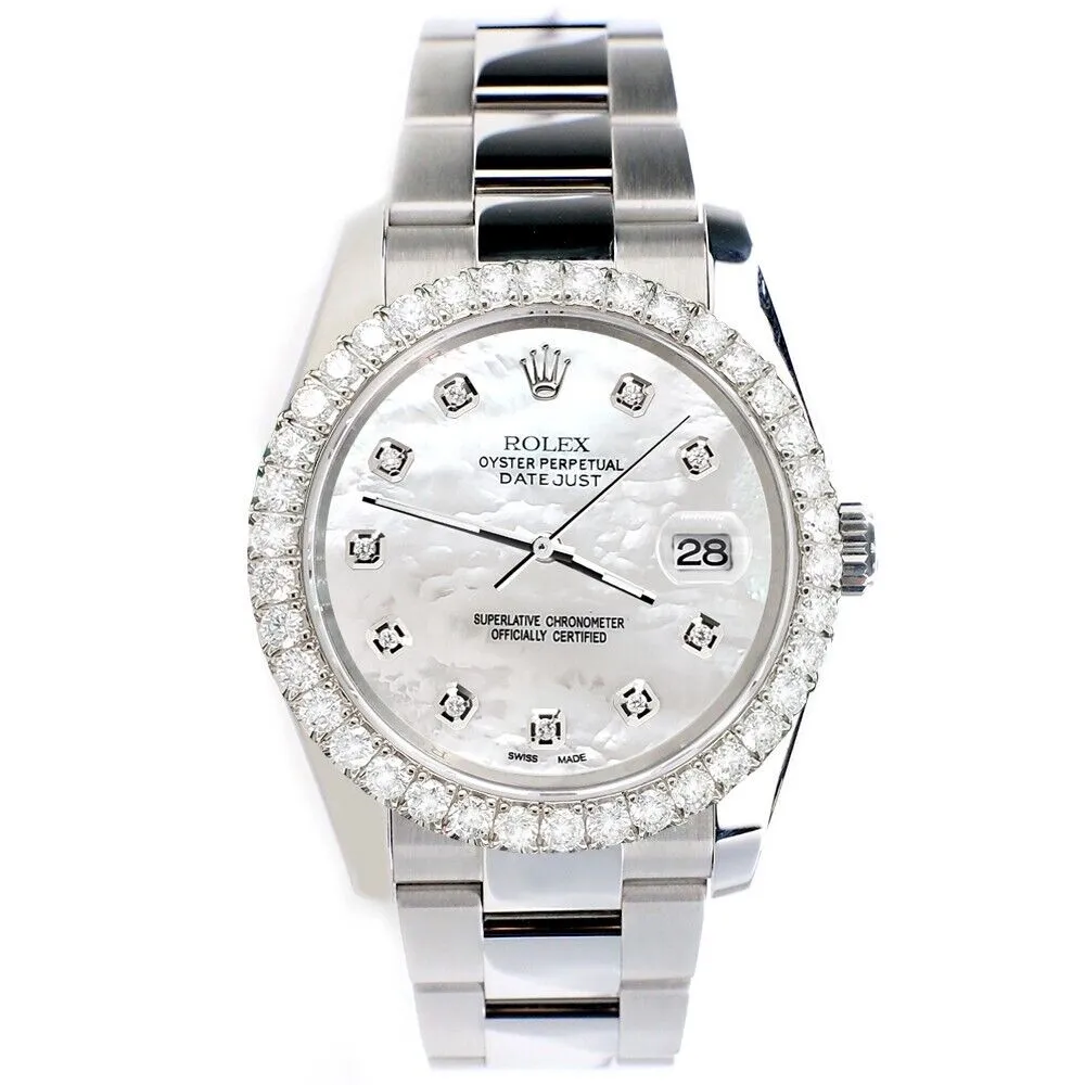 Rolex Datejust   Diamond Bezel/White MOPDiamond Dial Steel Watch TFJ-142507911