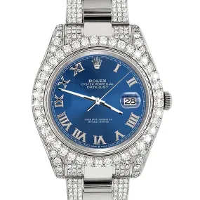 Rolex Datejust II 41mm 10.3CT Pave Diamond Watch with Blue Roman Dial   TFJ-142508232