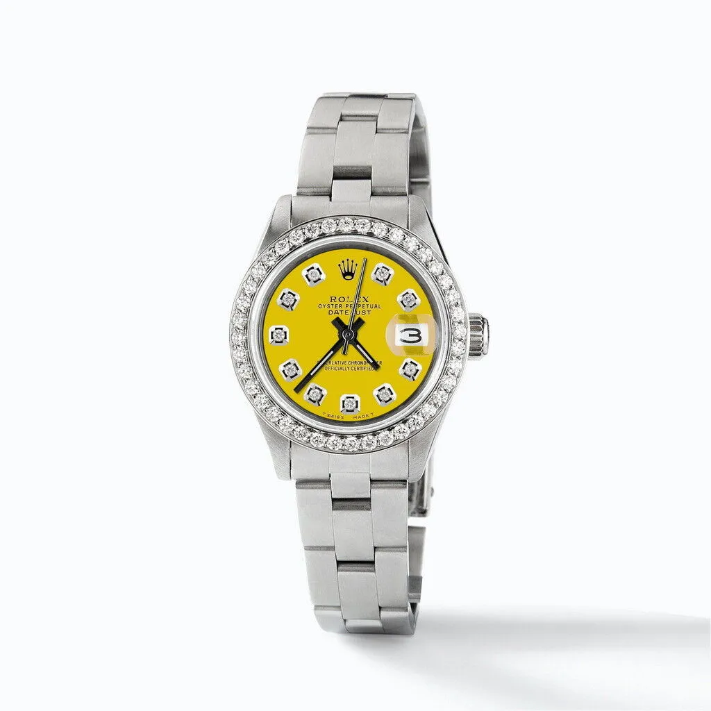 Rolex Datejust Ladies 26mm Diamond Bezel/Lemon Yellow Dial Oyster Steel Watch TFJ-142508184