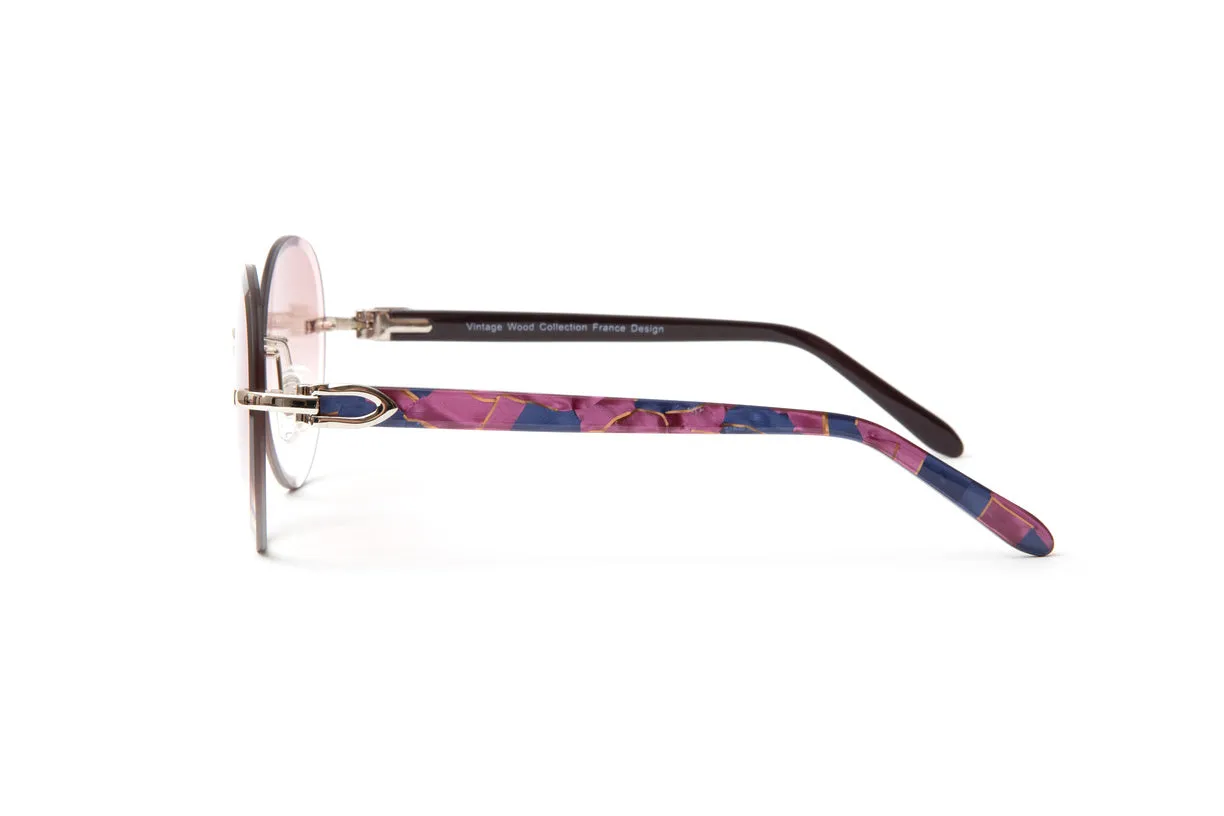 SANTOS Silver & Blue/Pink Acetate Sunglasses, Gradient Brown Round Lenses