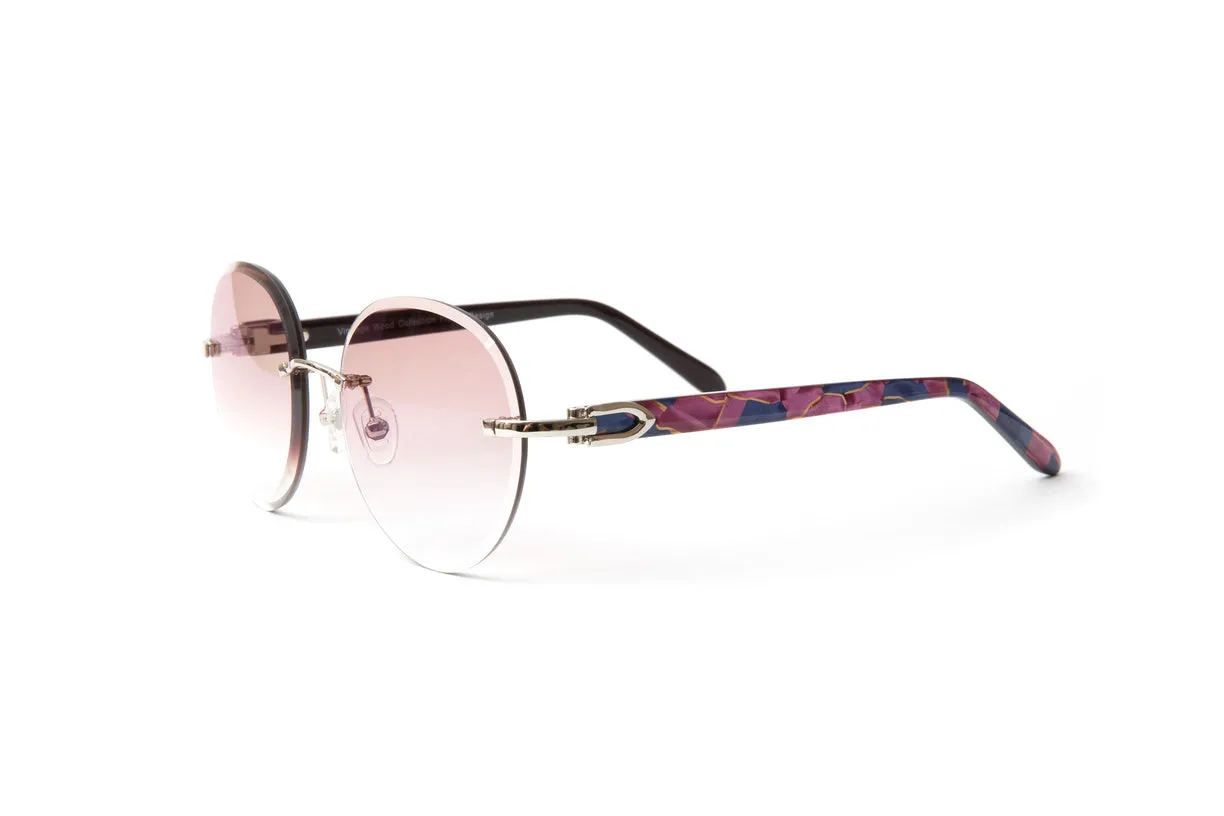 SANTOS Silver & Blue/Pink Acetate Sunglasses, Gradient Brown Round Lenses