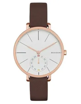 Skagen Womens Hagen Watch - White Dial - Brown Leather Strap - Gold-Tone