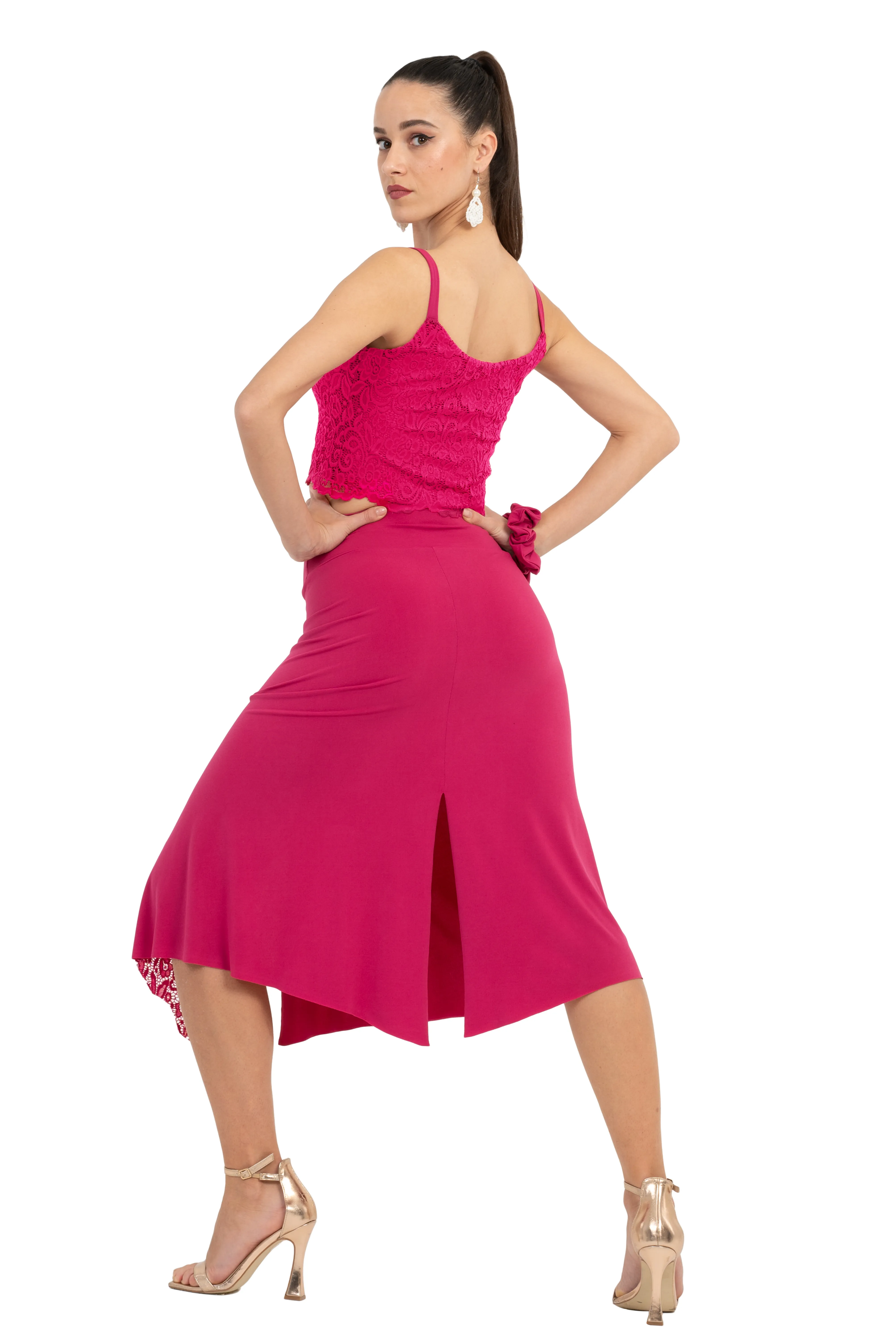 Tango Skirt with Guipure Left-side Lace Details (M) (Fuchsia)