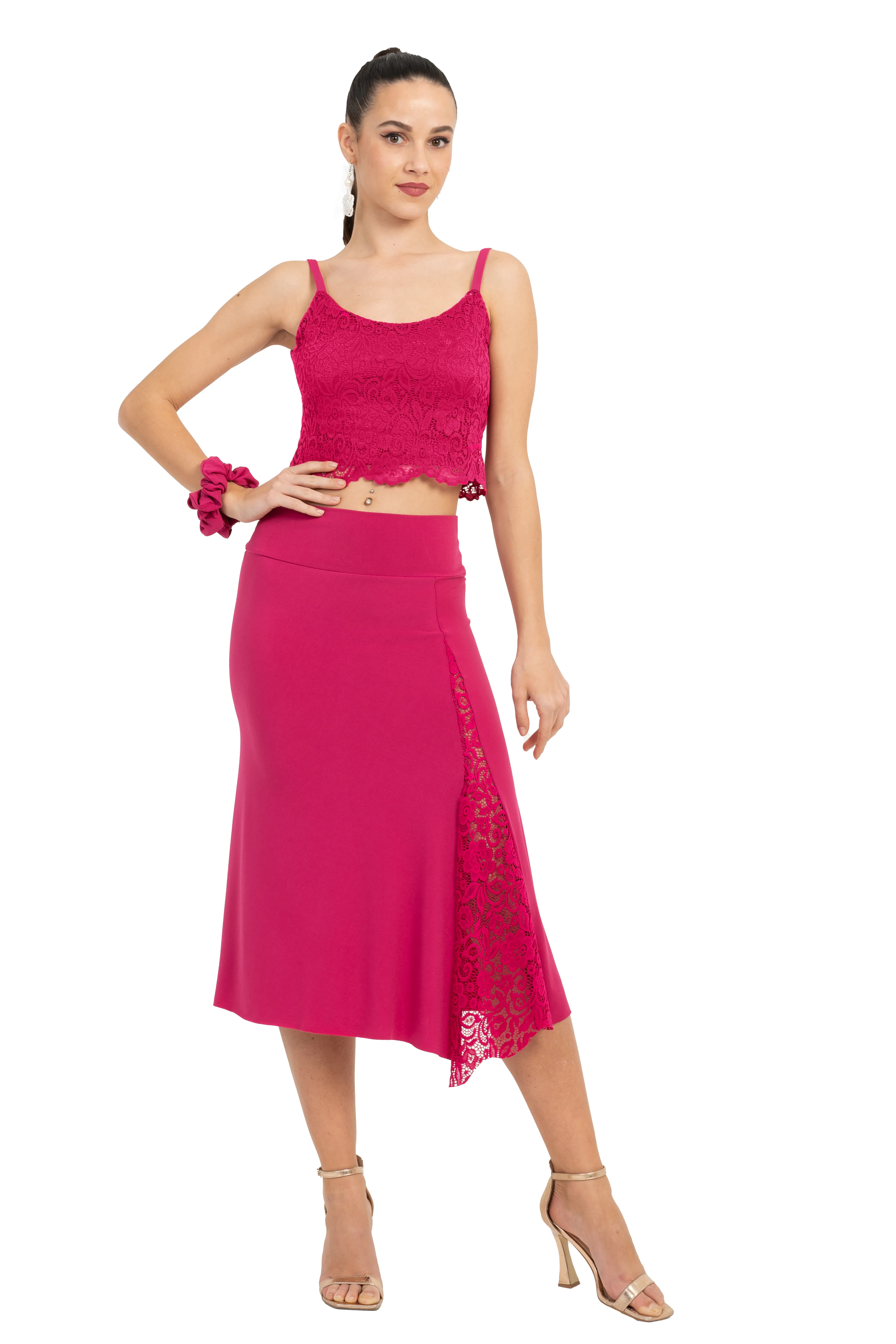 Tango Skirt with Guipure Left-side Lace Details (M) (Fuchsia)