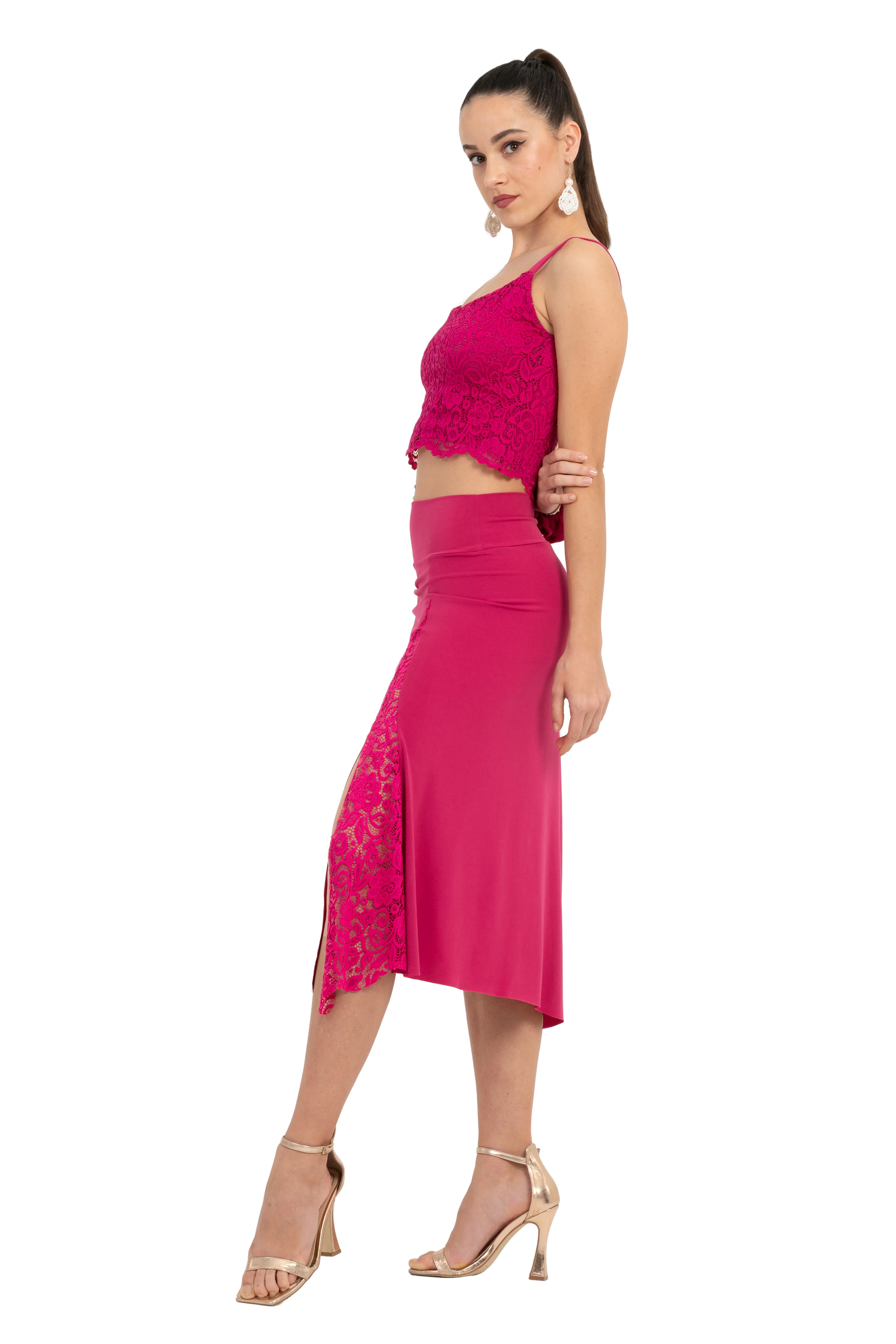 Tango Skirt with Guipure Left-side Lace Details (M) (Fuchsia)