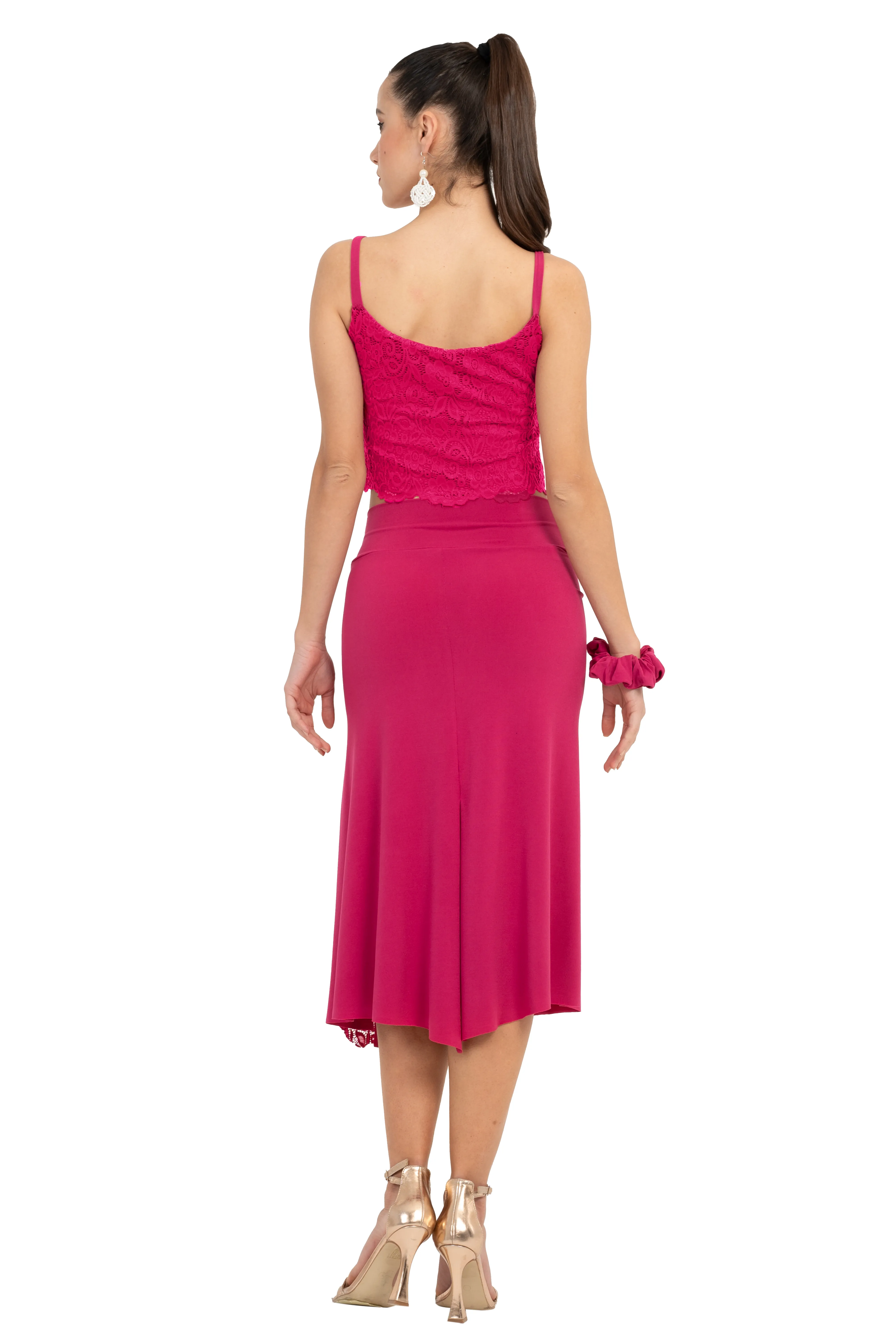 Tango Skirt with Guipure Left-side Lace Details (M) (Fuchsia)